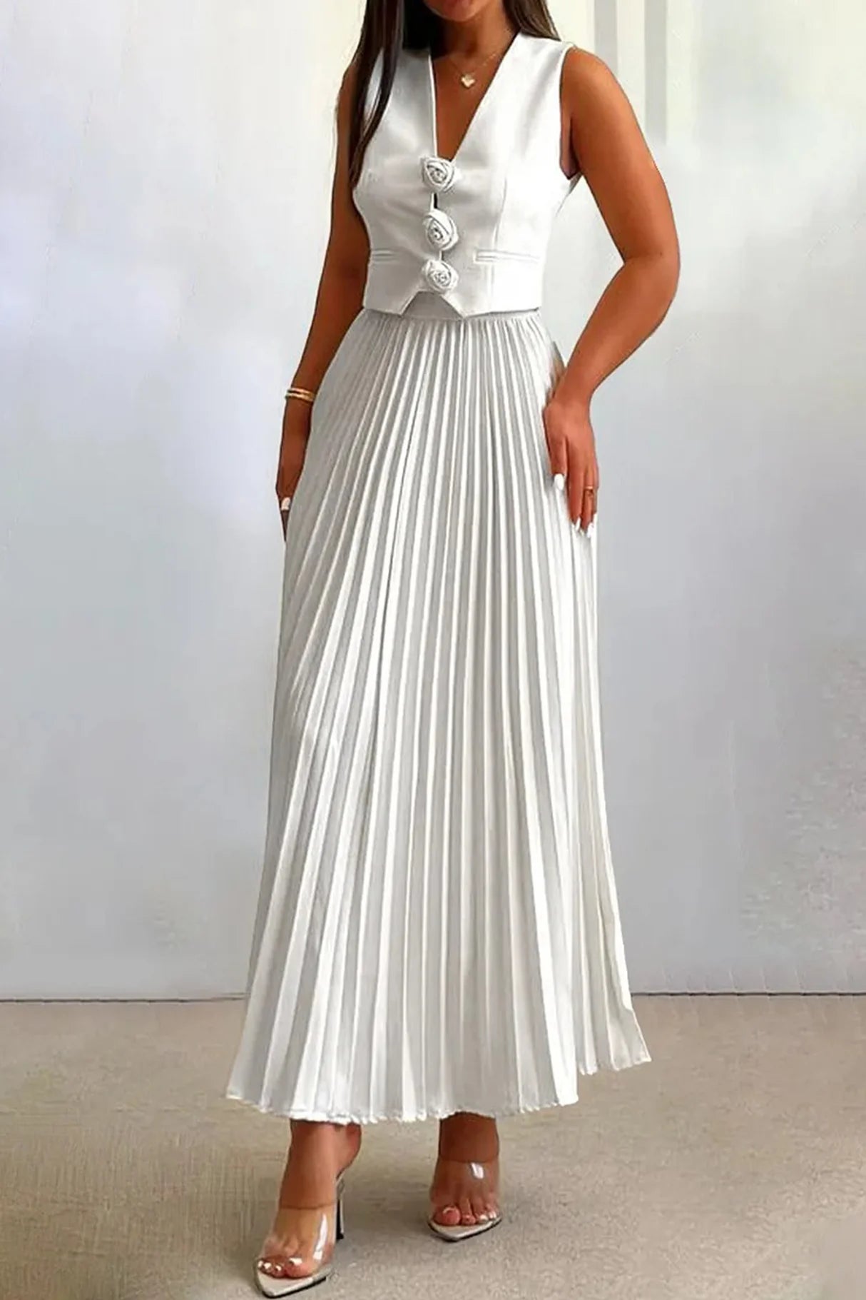 3D Floral Vest Pleated Maxi Skirt Sets