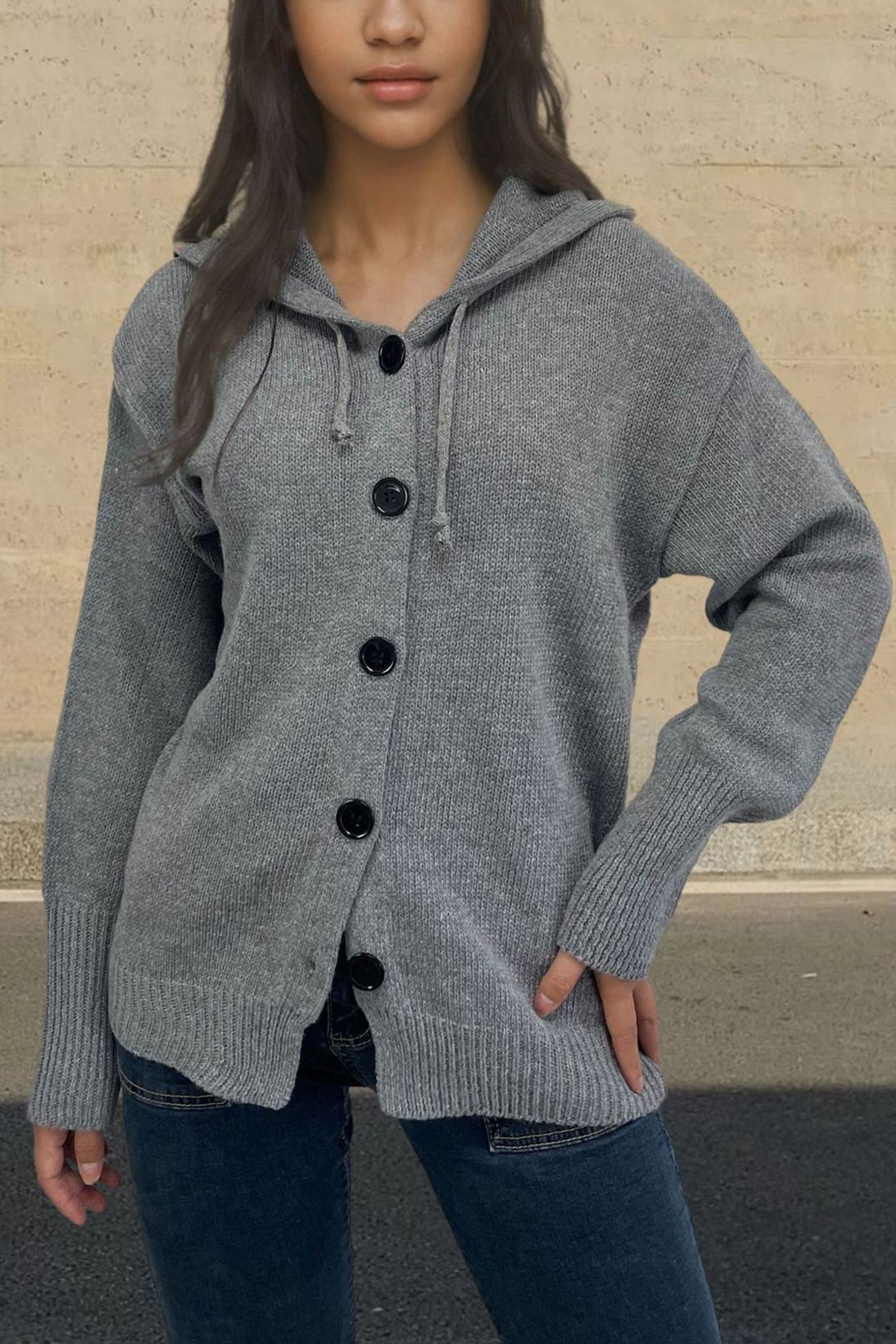Button Down Knit Hooded Cardigan
