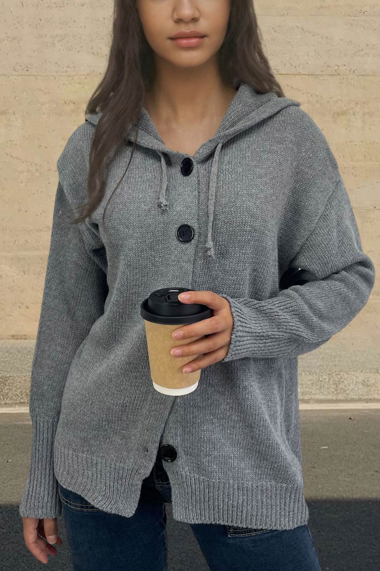 Button Down Knit Hooded Cardigan