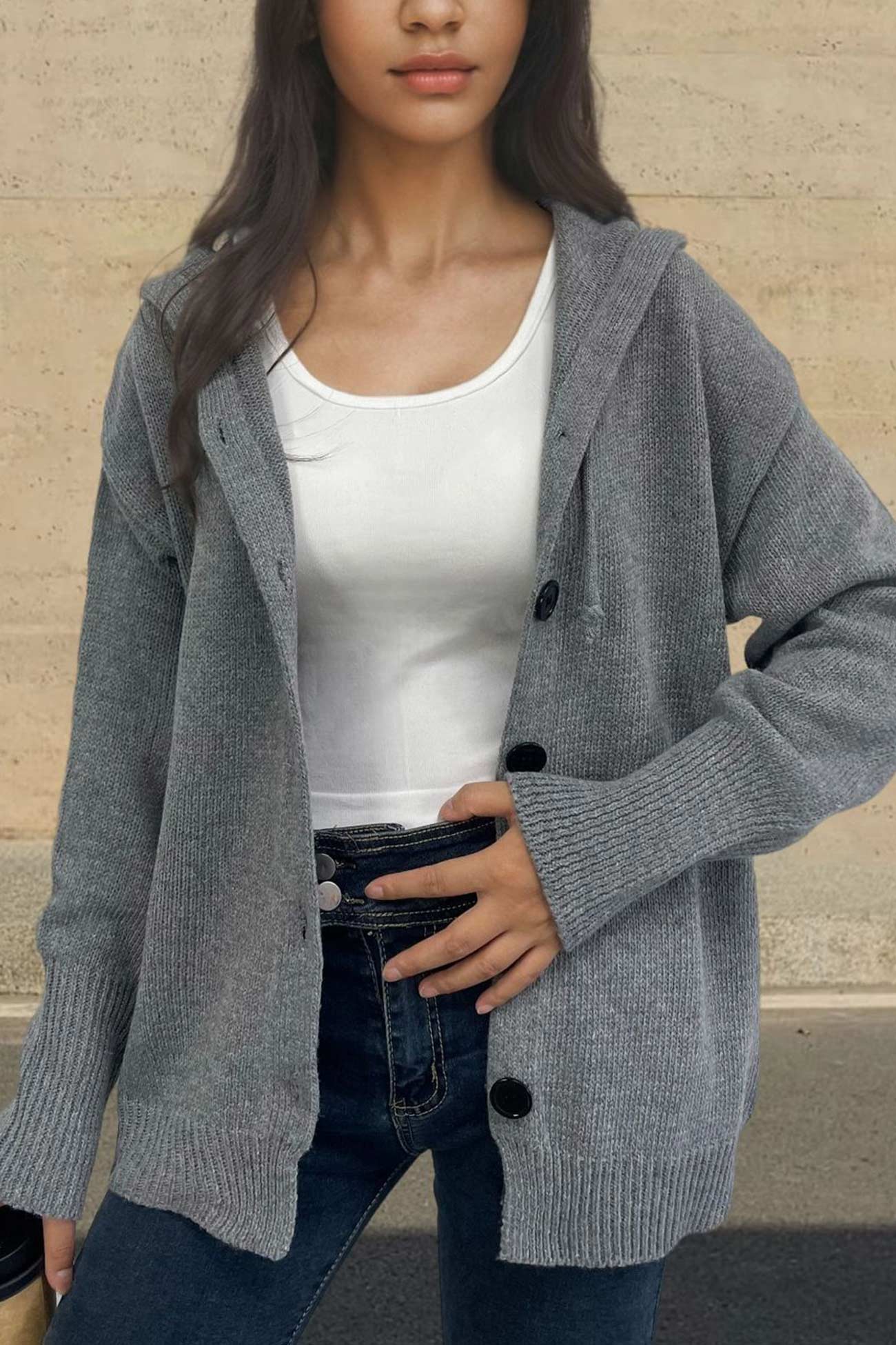 Button Down Knit Hooded Cardigan