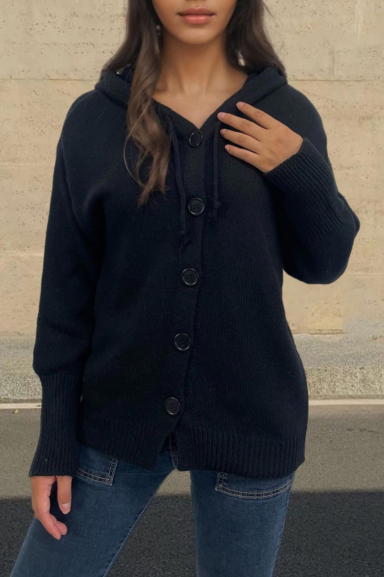 Button Down Knit Hooded Cardigan