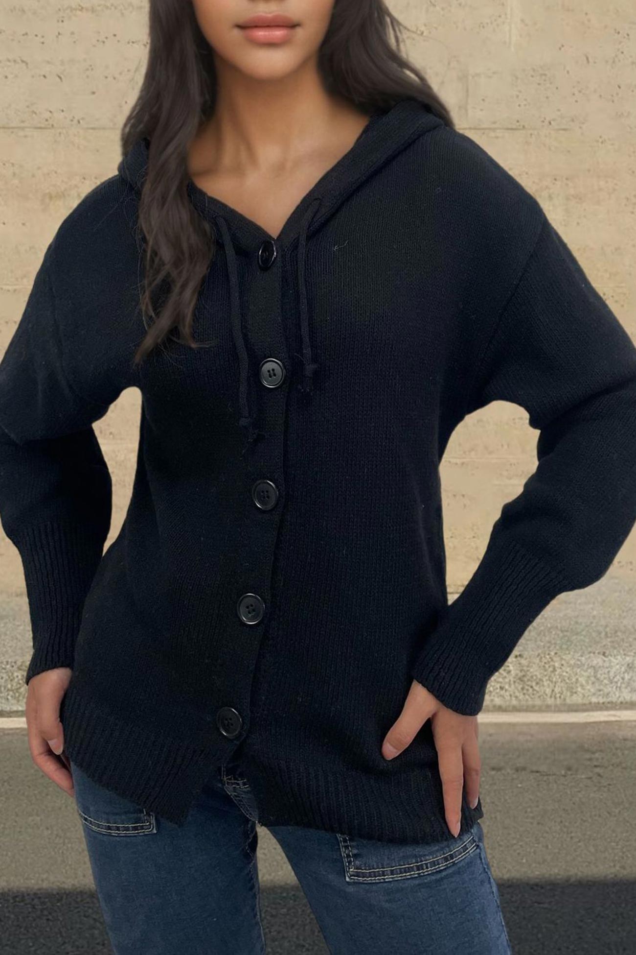 Button Down Knit Hooded Cardigan