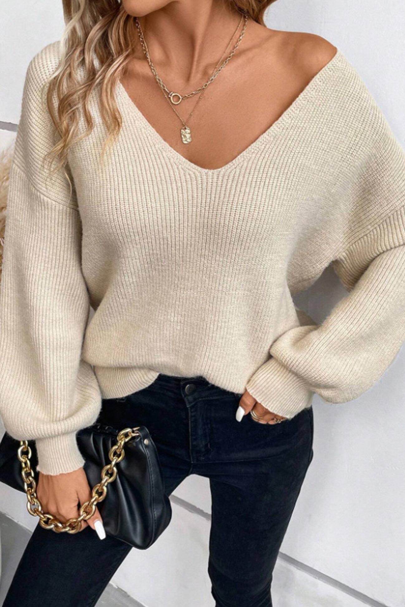 Lantern Sleeve V Neck Back Bow Knot Sweater