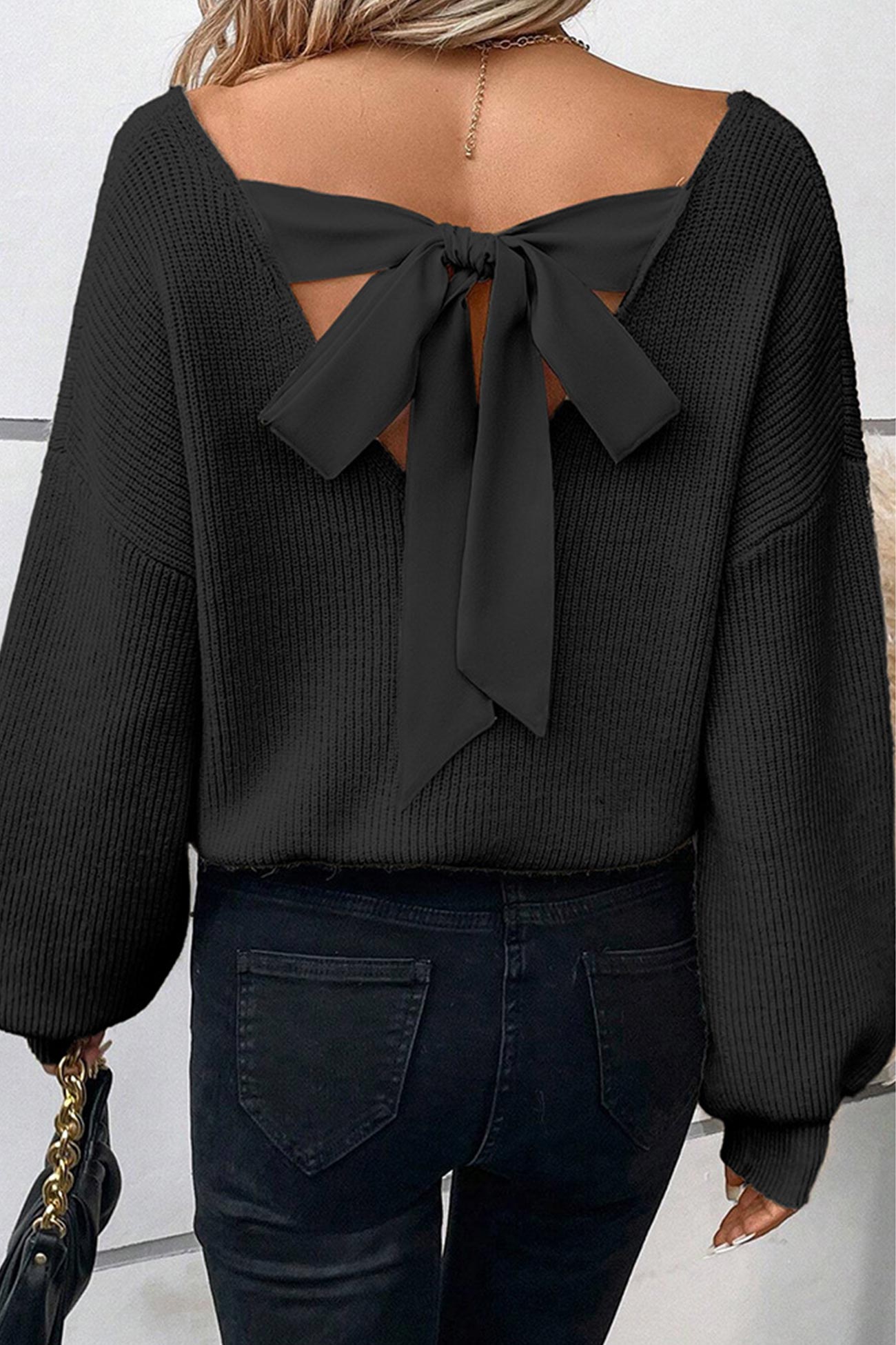 Lantern Sleeve V Neck Back Bow Knot Sweater