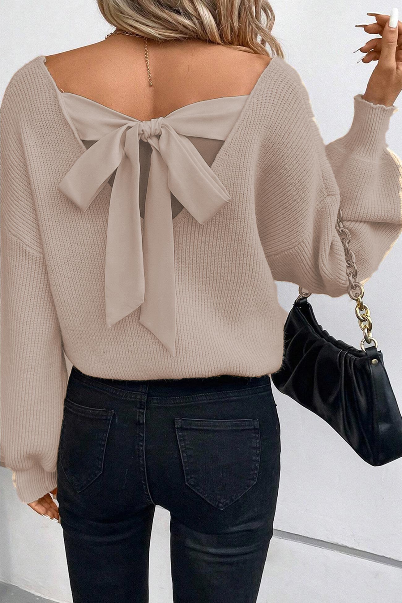 Lantern Sleeve V Neck Back Bow Knot Sweater
