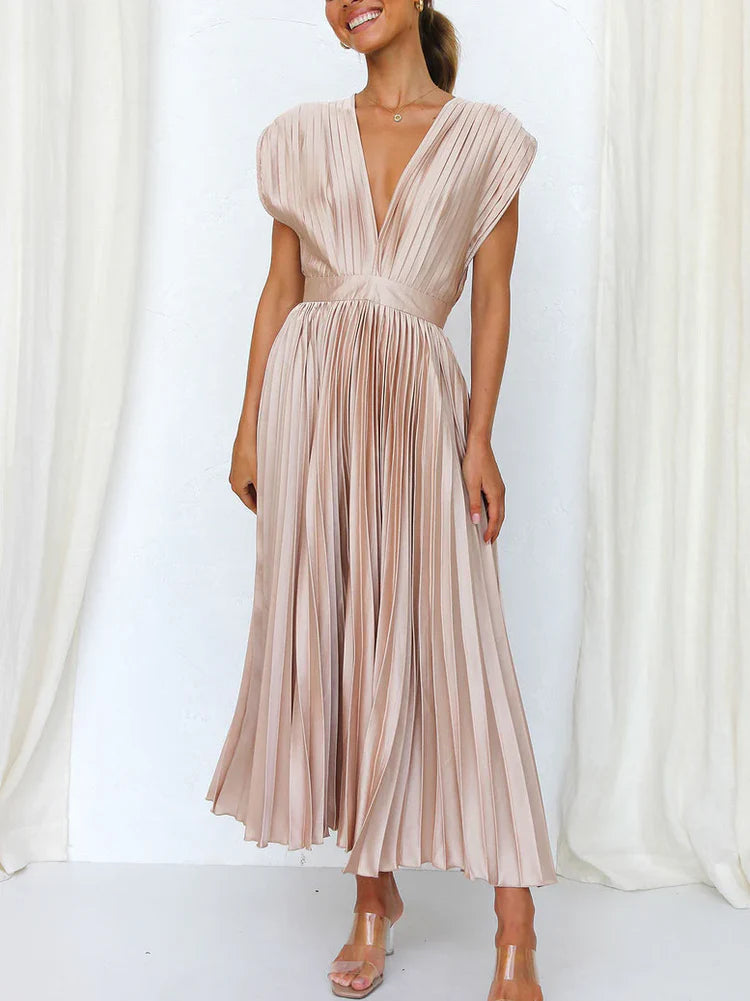 Sleeveless V Neck Pleated Maxi Dress