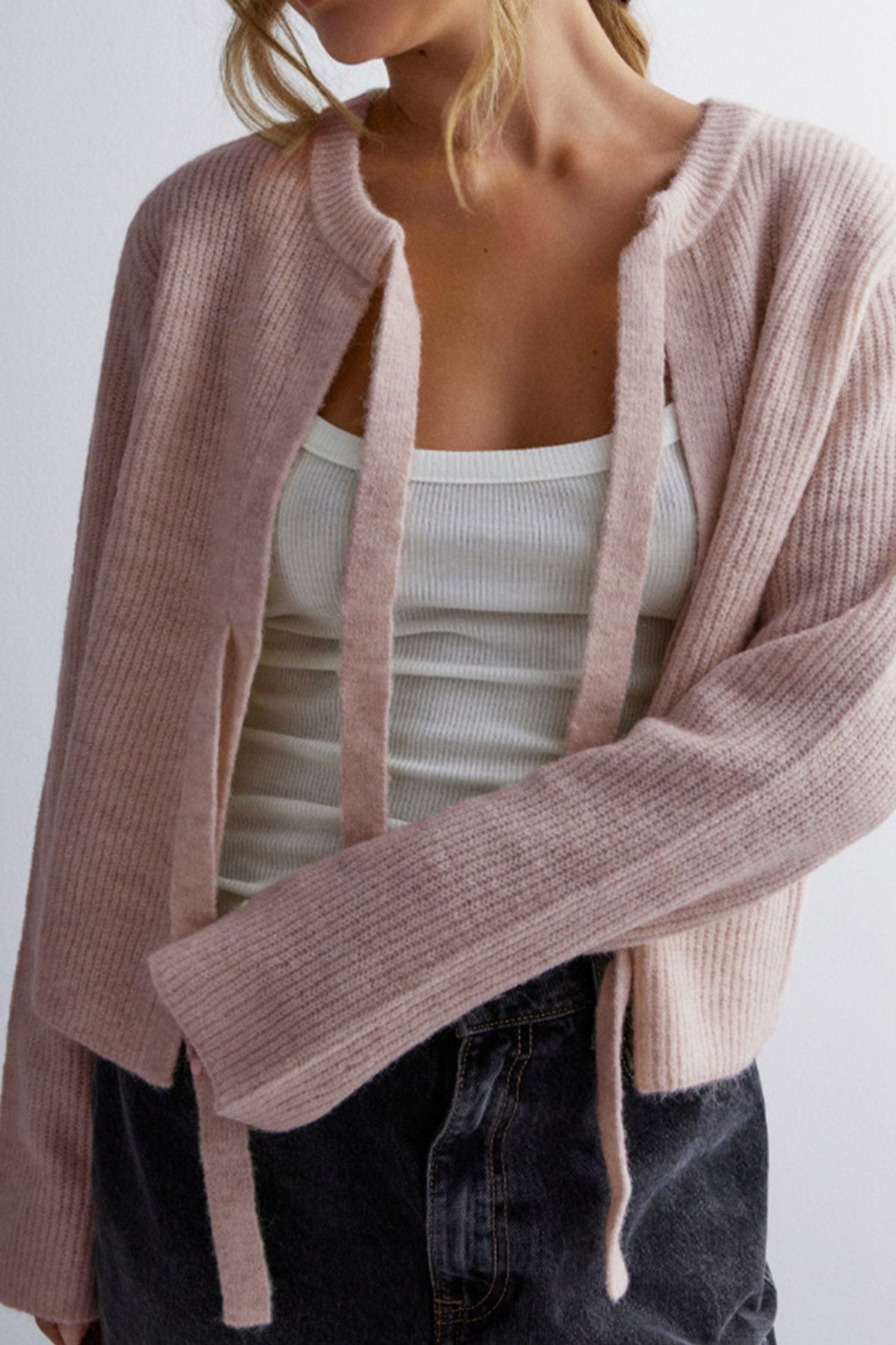 Tie Up Ribbed Knit Short Cardigan