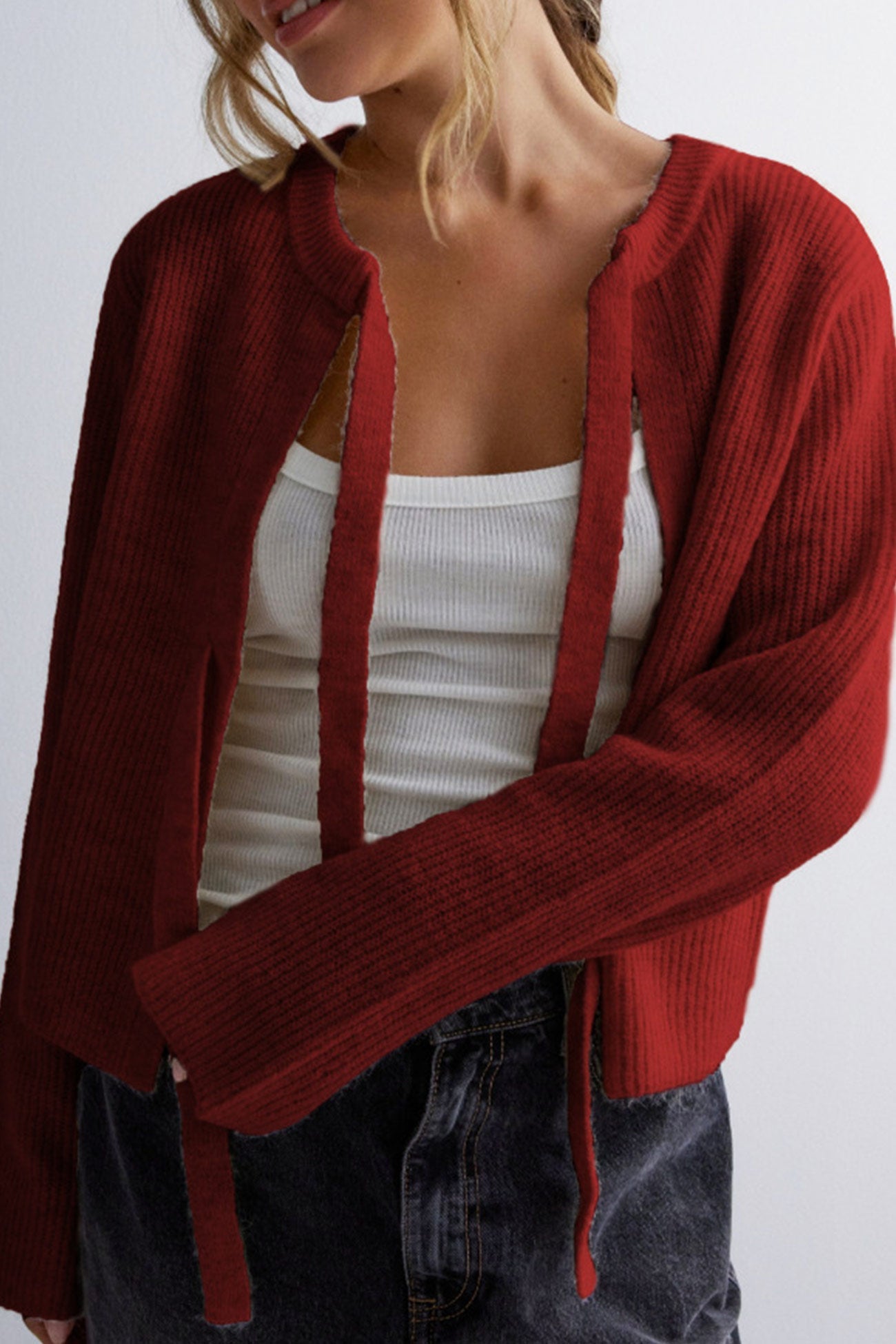 Tie Up Ribbed Knit Short Cardigan