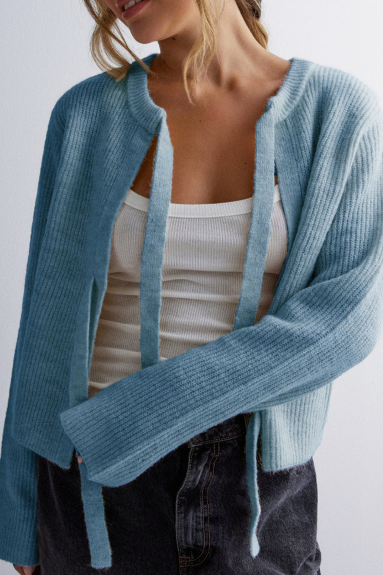 Tie Up Ribbed Knit Short Cardigan