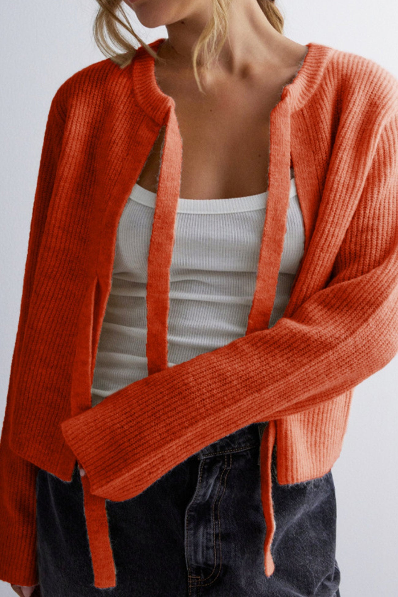Tie Up Ribbed Knit Short Cardigan