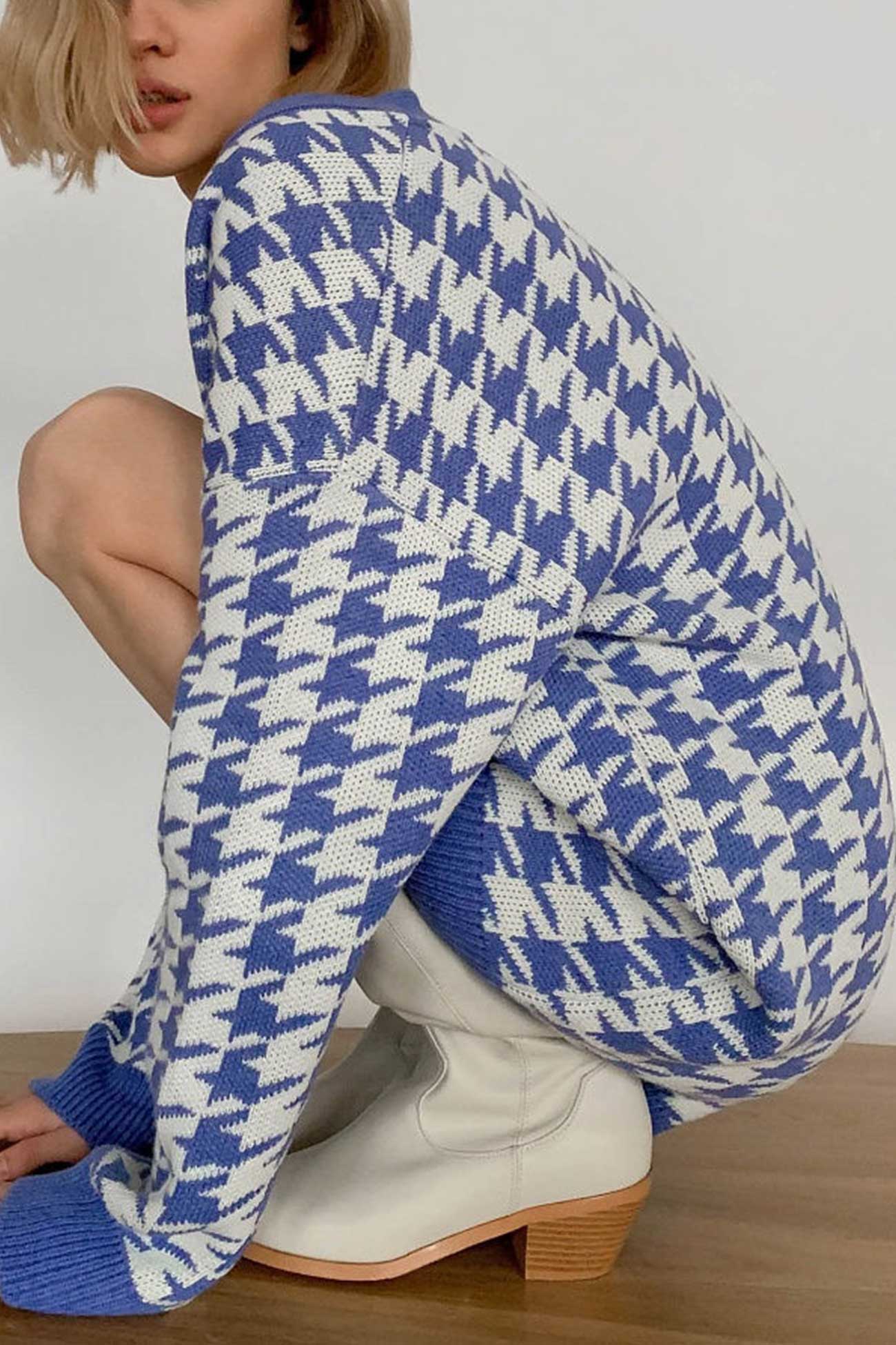 V Neck Houndstooth Contrast Mid Length Cardigan
