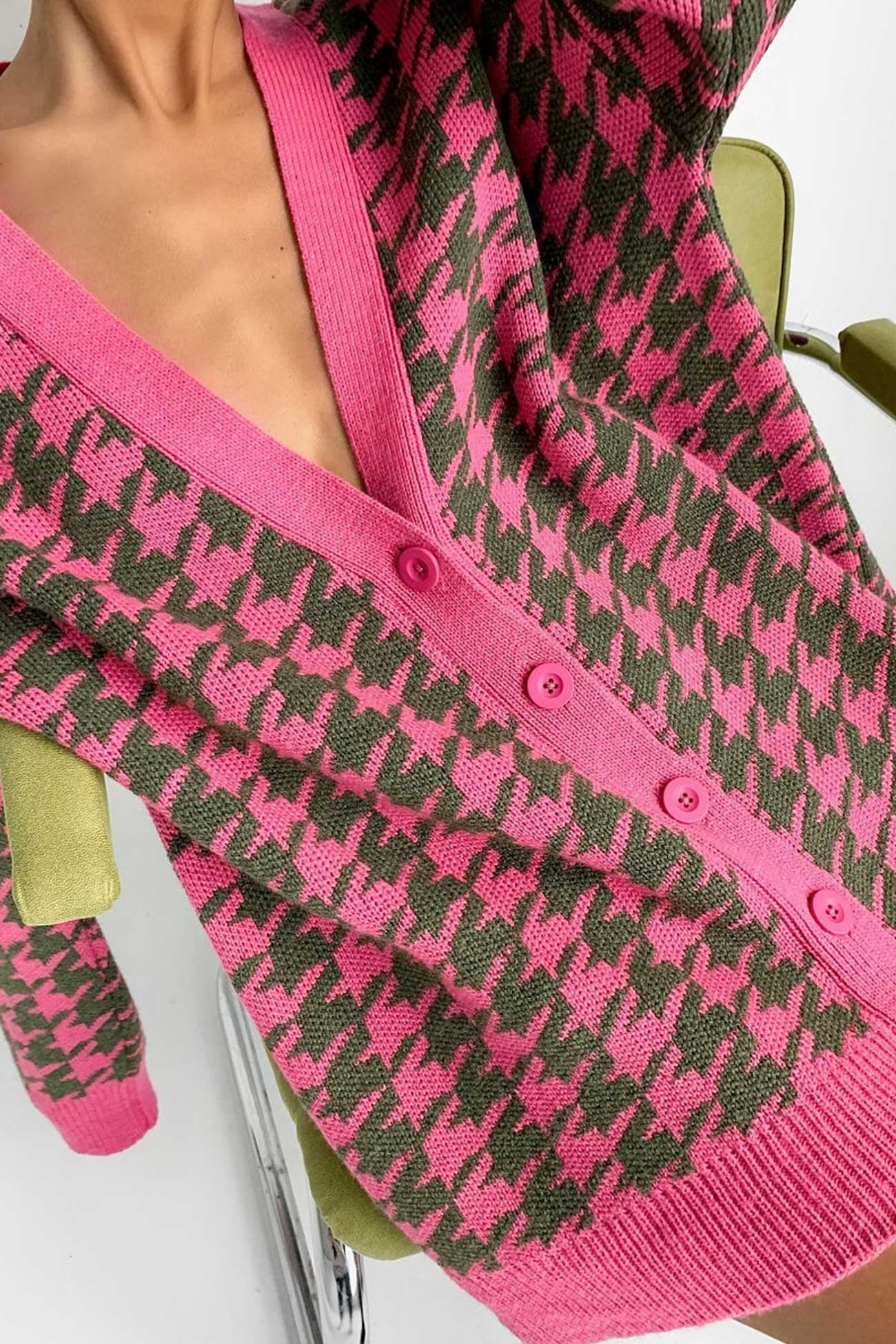 V Neck Houndstooth Contrast Mid Length Cardigan