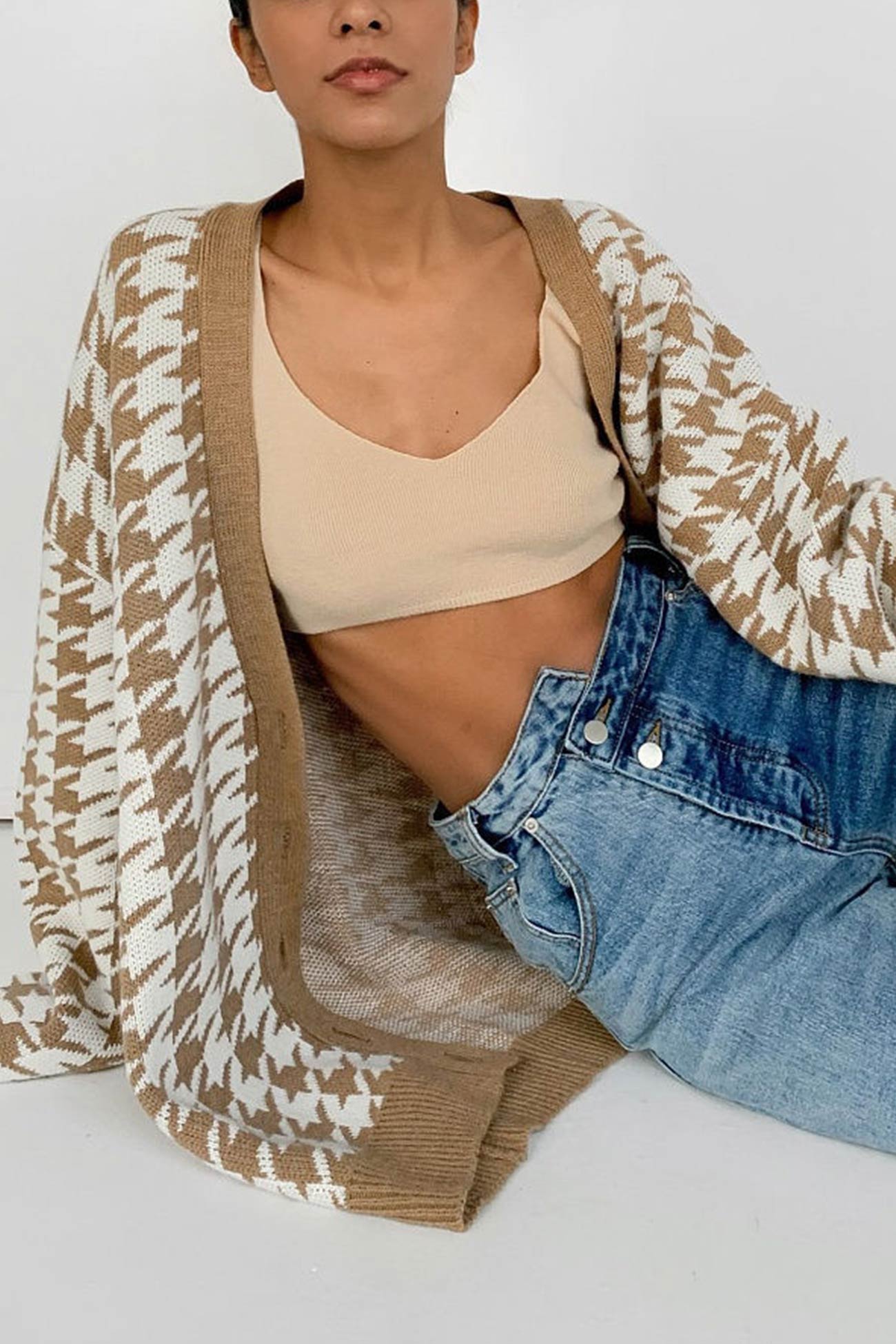 V Neck Houndstooth Contrast Mid Length Cardigan