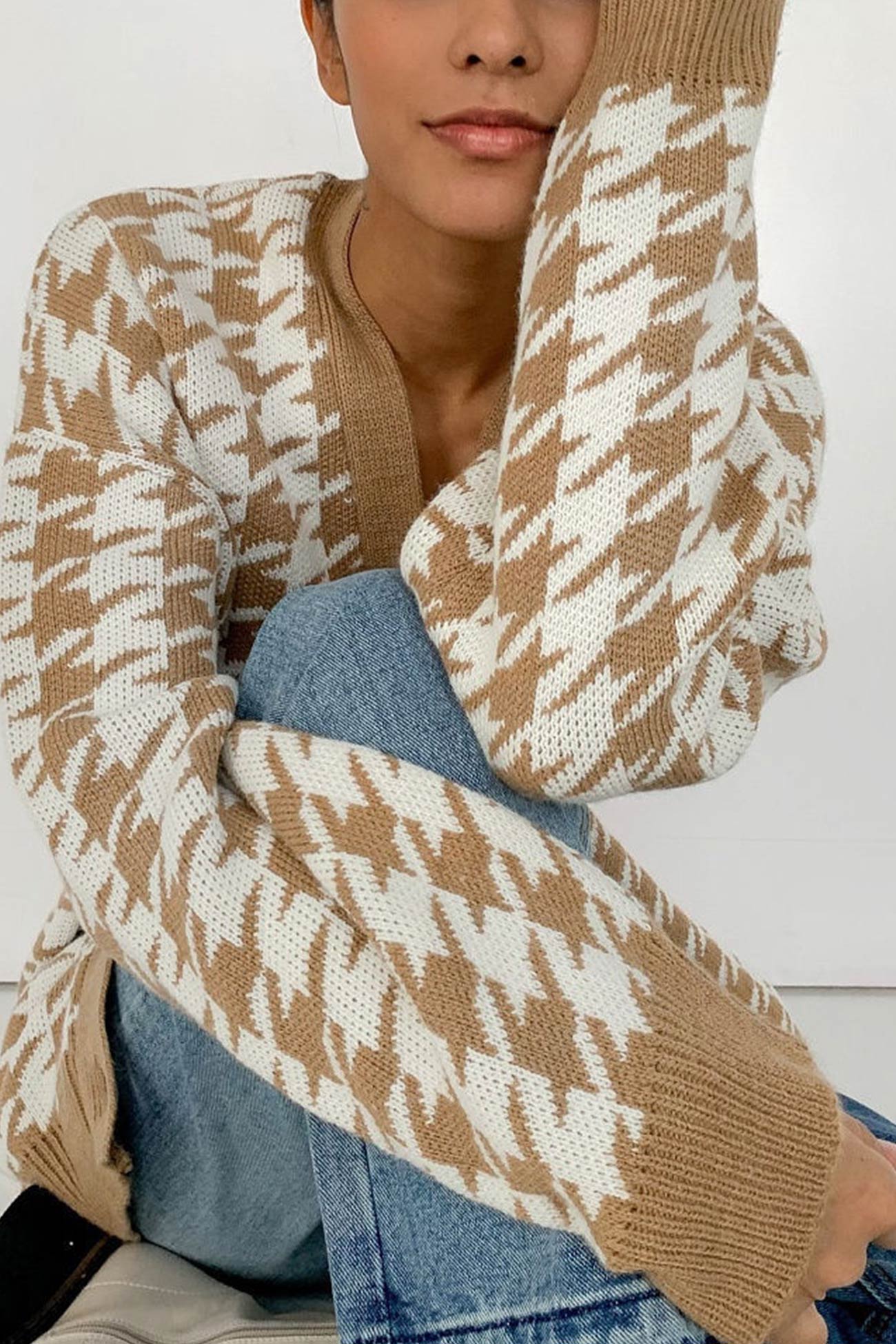 V Neck Houndstooth Contrast Mid Length Cardigan