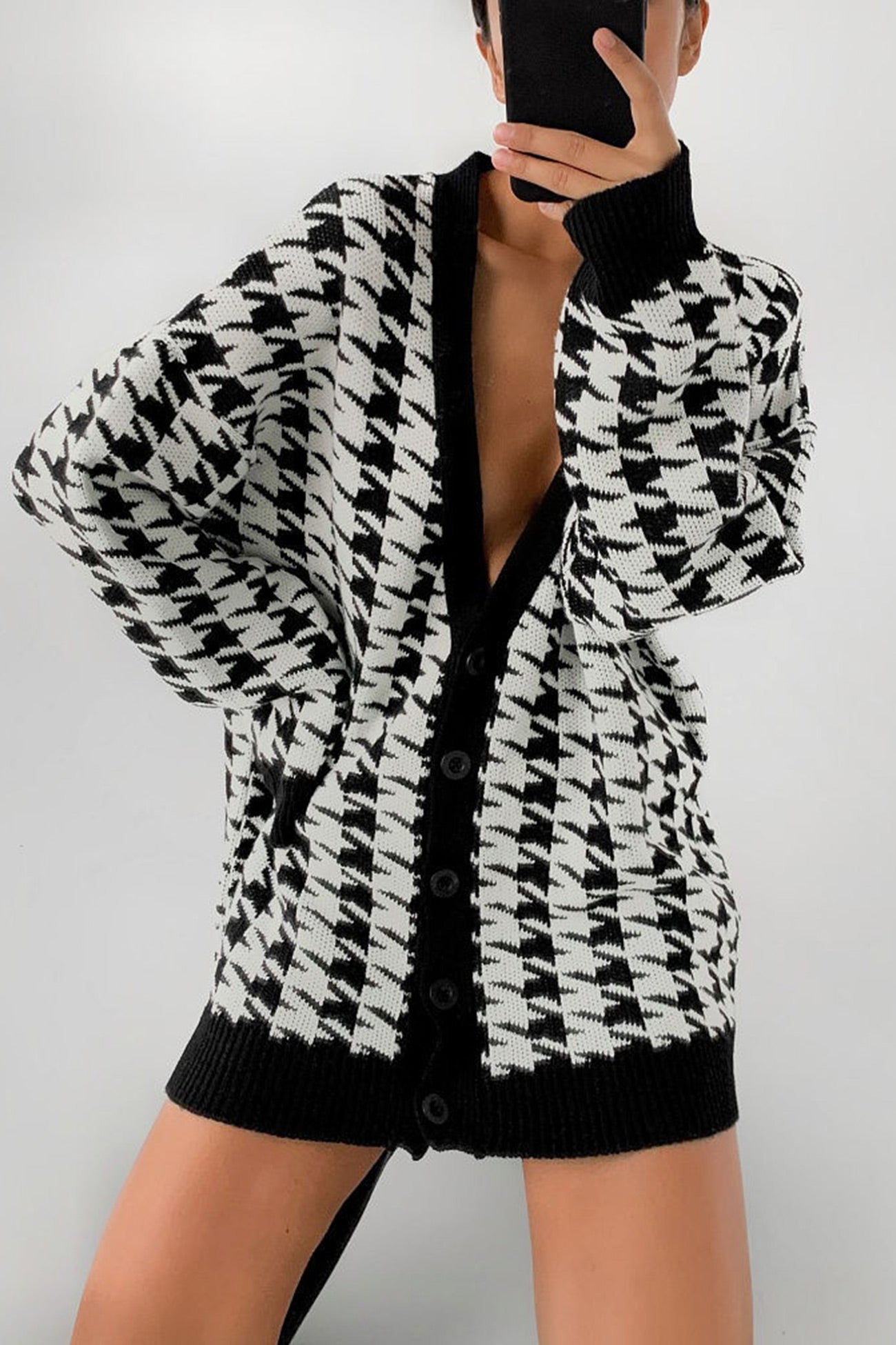 V Neck Houndstooth Contrast Mid Length Cardigan