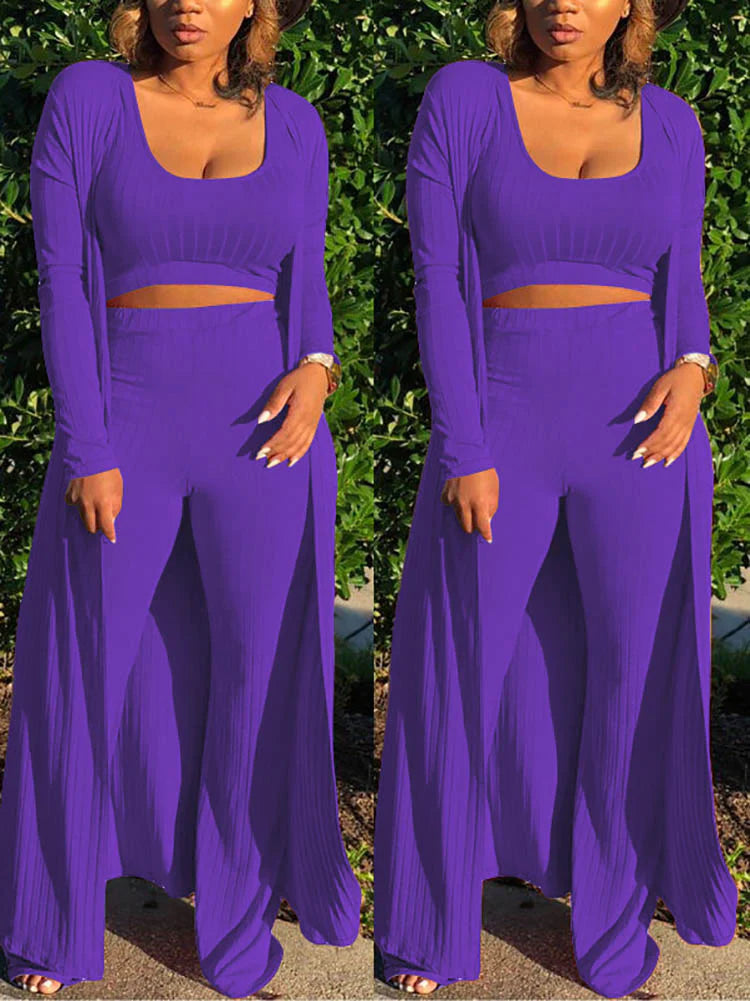 3PC Ribbed Cardigan Tank Pants Set
