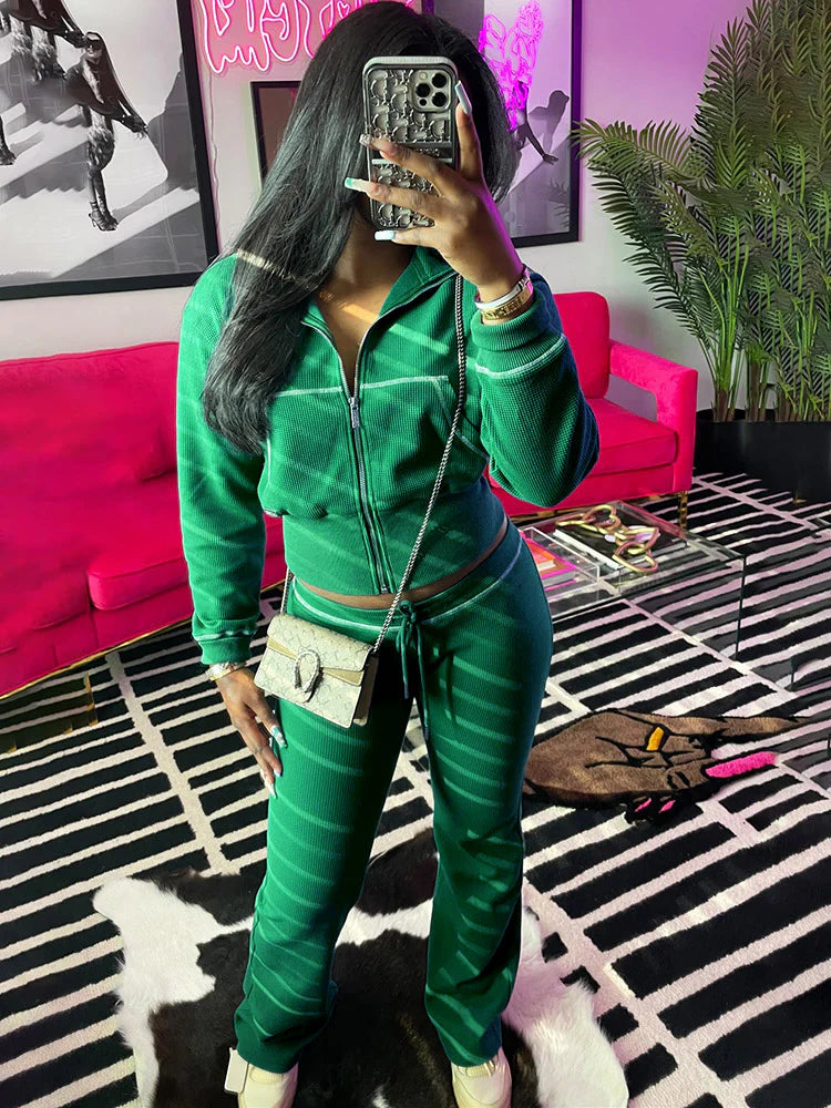 Waffle Jacket & Flare Pants Set