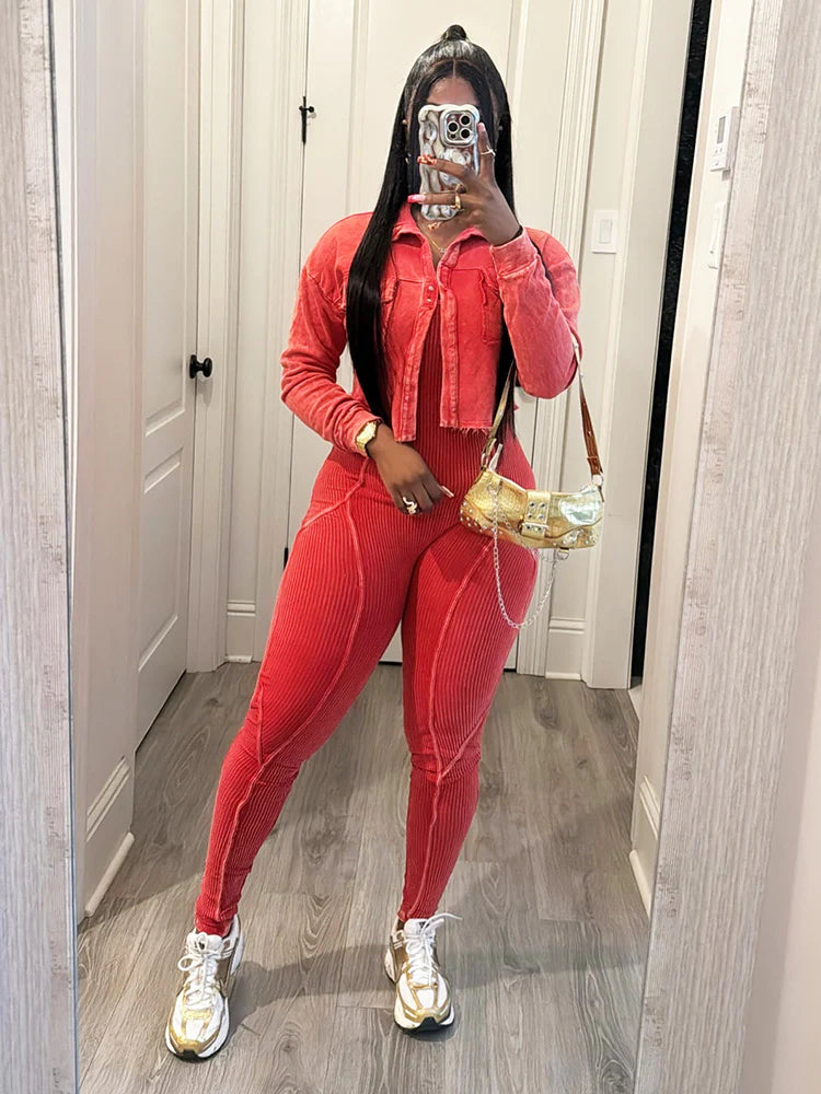 Washed Cropped Jacket & Jumpsuit Set