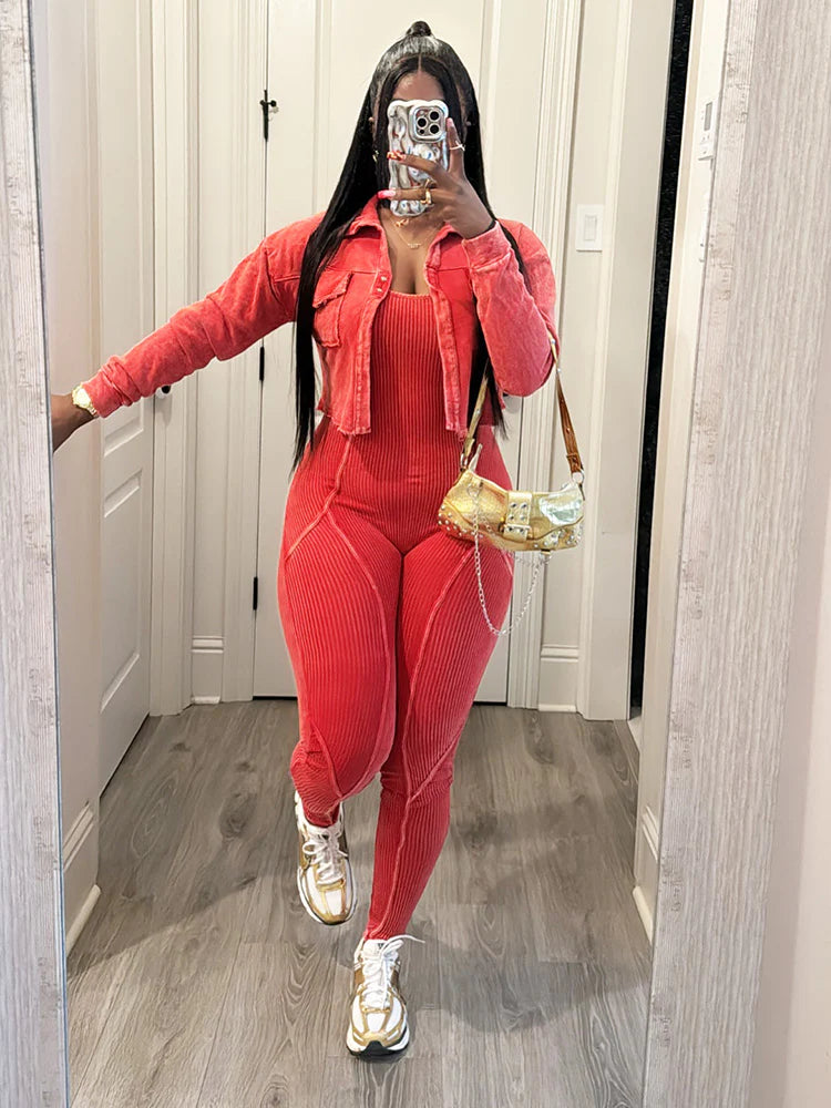 Washed Cropped Jacket & Jumpsuit Set