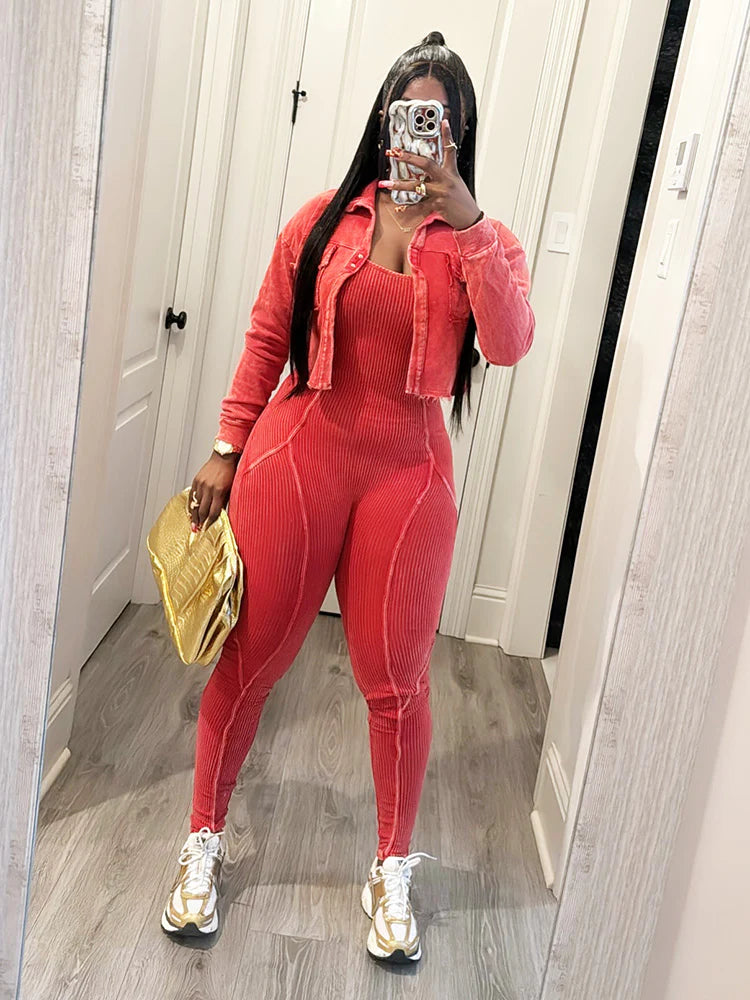 Washed Cropped Jacket & Jumpsuit Set