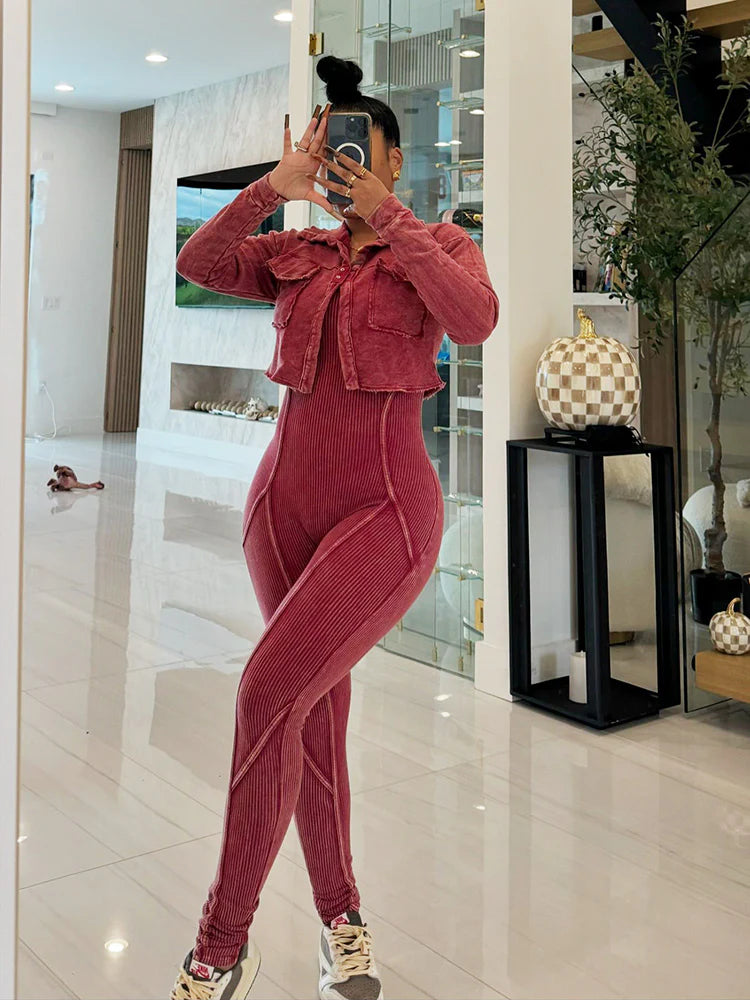 Washed Cropped Jacket & Jumpsuit Set