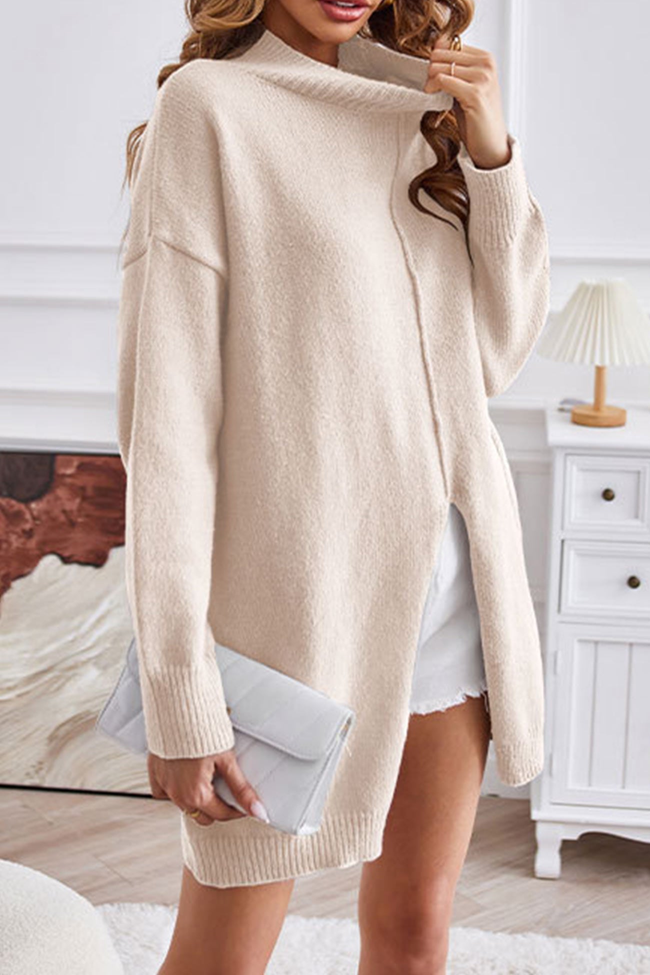 Turtleneck Slit Front Mid Length Sweater