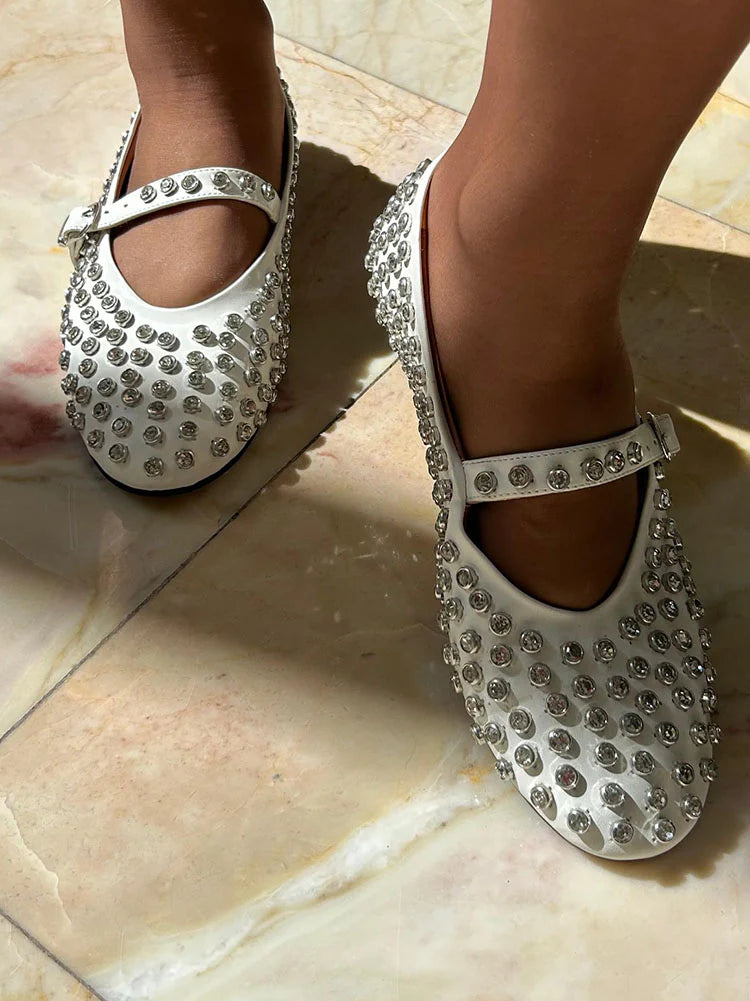 Rhinestone Leather Ballet Flats
