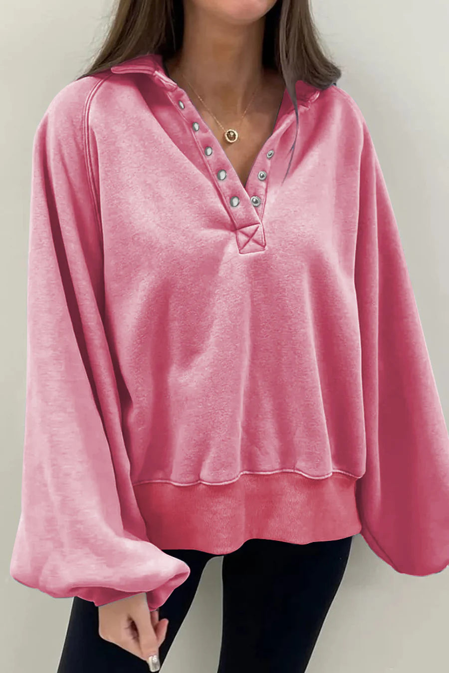 Buttons Balloon Sleeve Oversized Sweatshirt