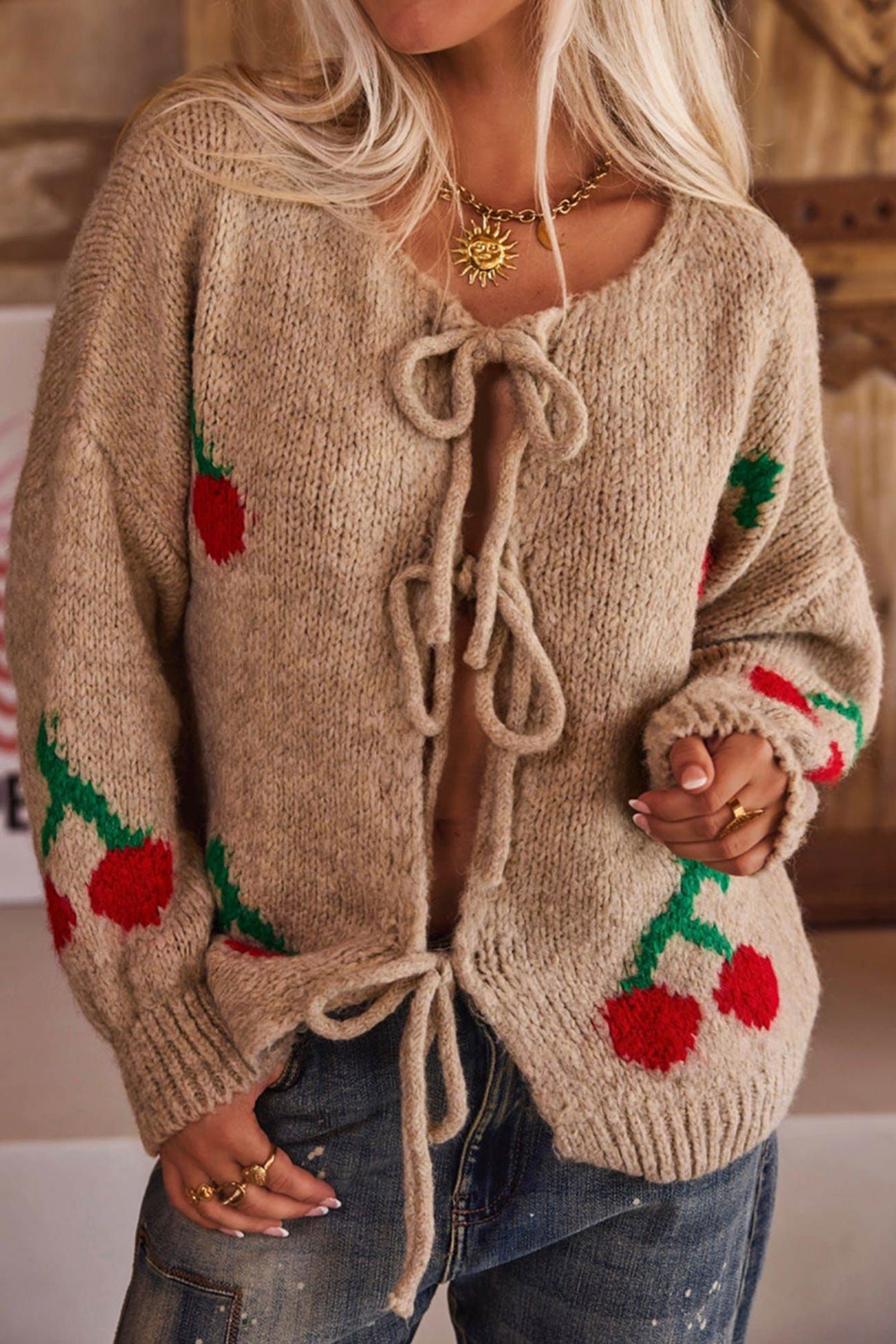 Cherry Jacquard Tie Up Cardigan