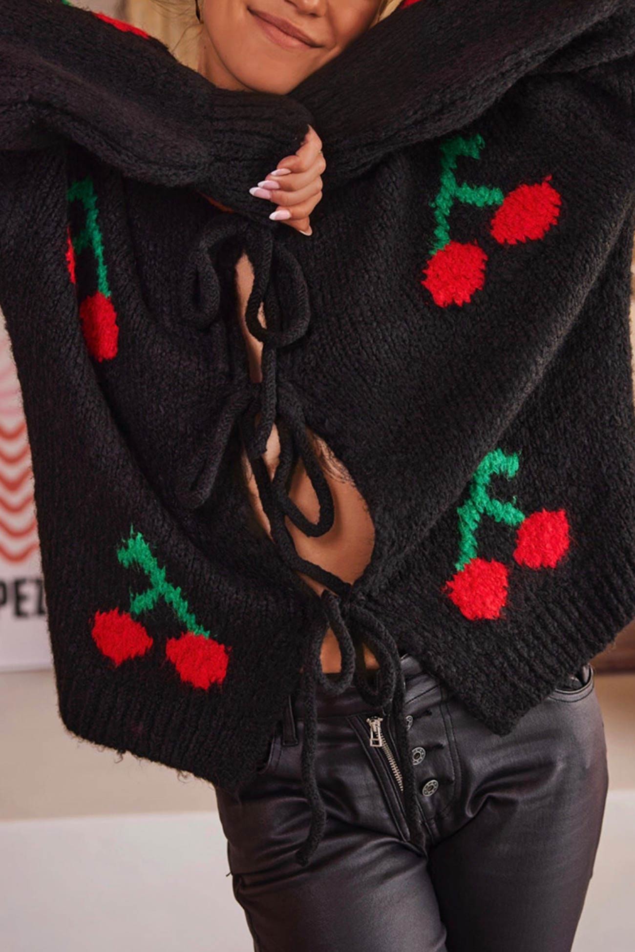 Cherry Jacquard Tie Up Cardigan