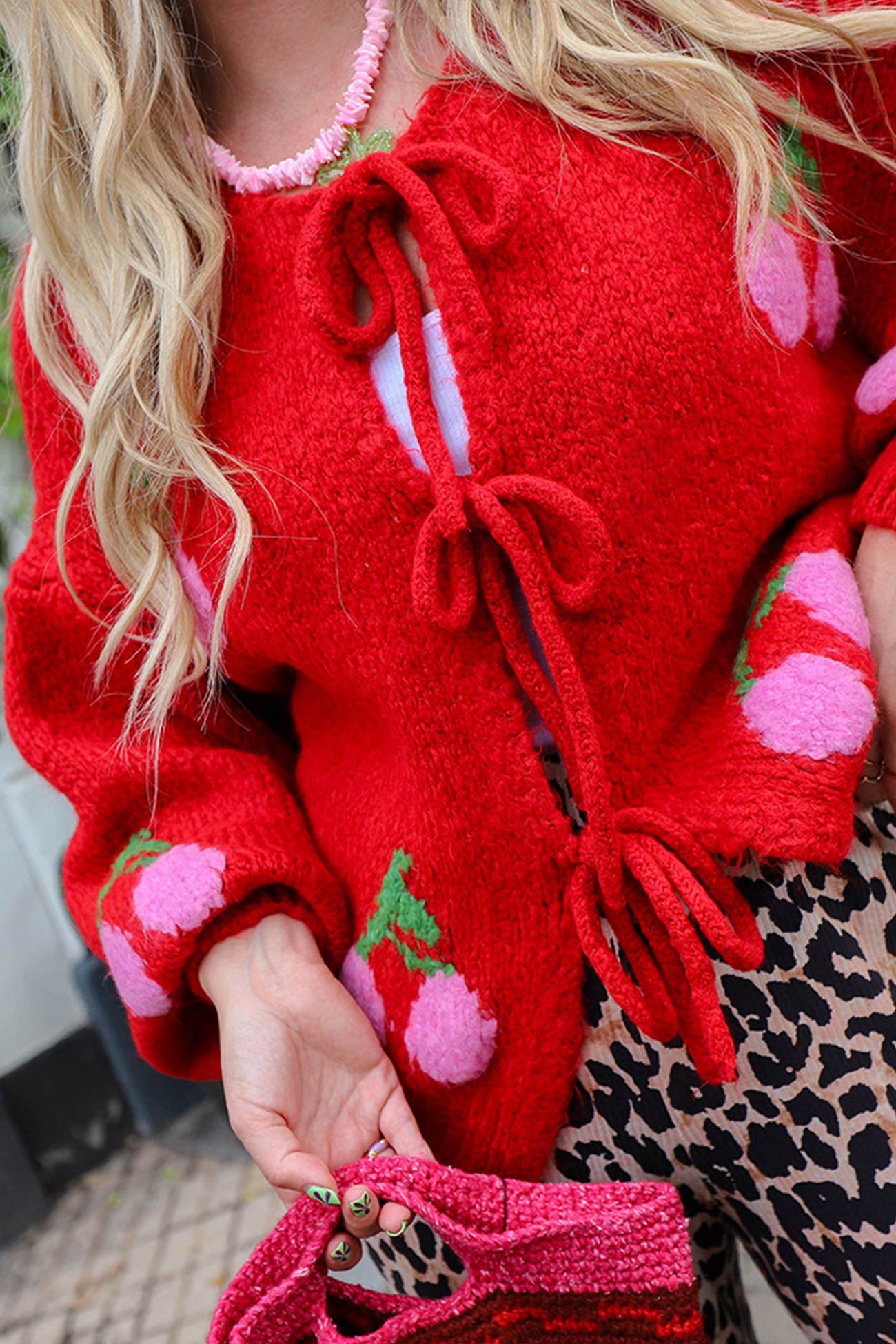 Cherry Jacquard Tie Up Cardigan