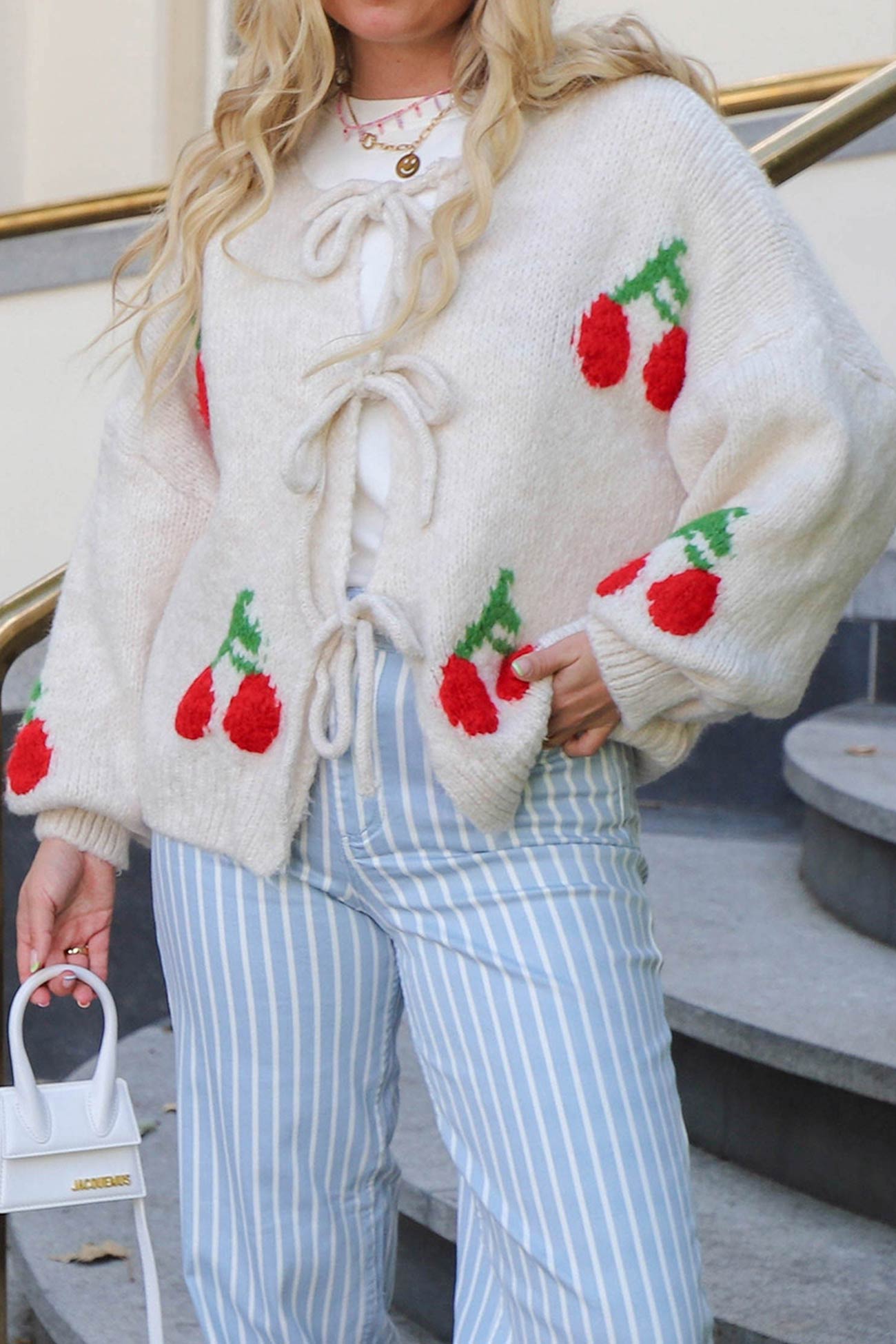 Cherry Jacquard Tie Up Cardigan