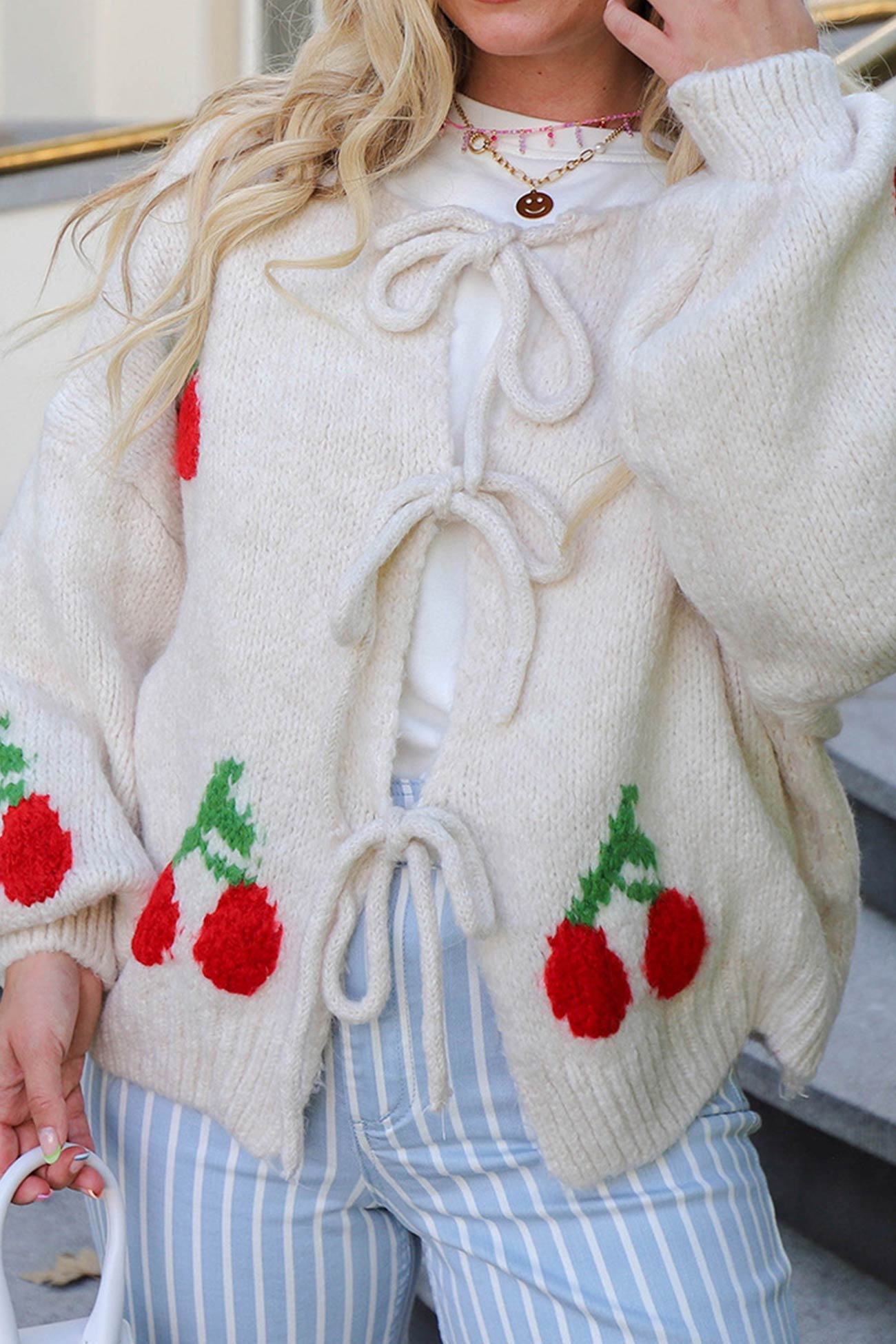 Cherry Jacquard Tie Up Cardigan