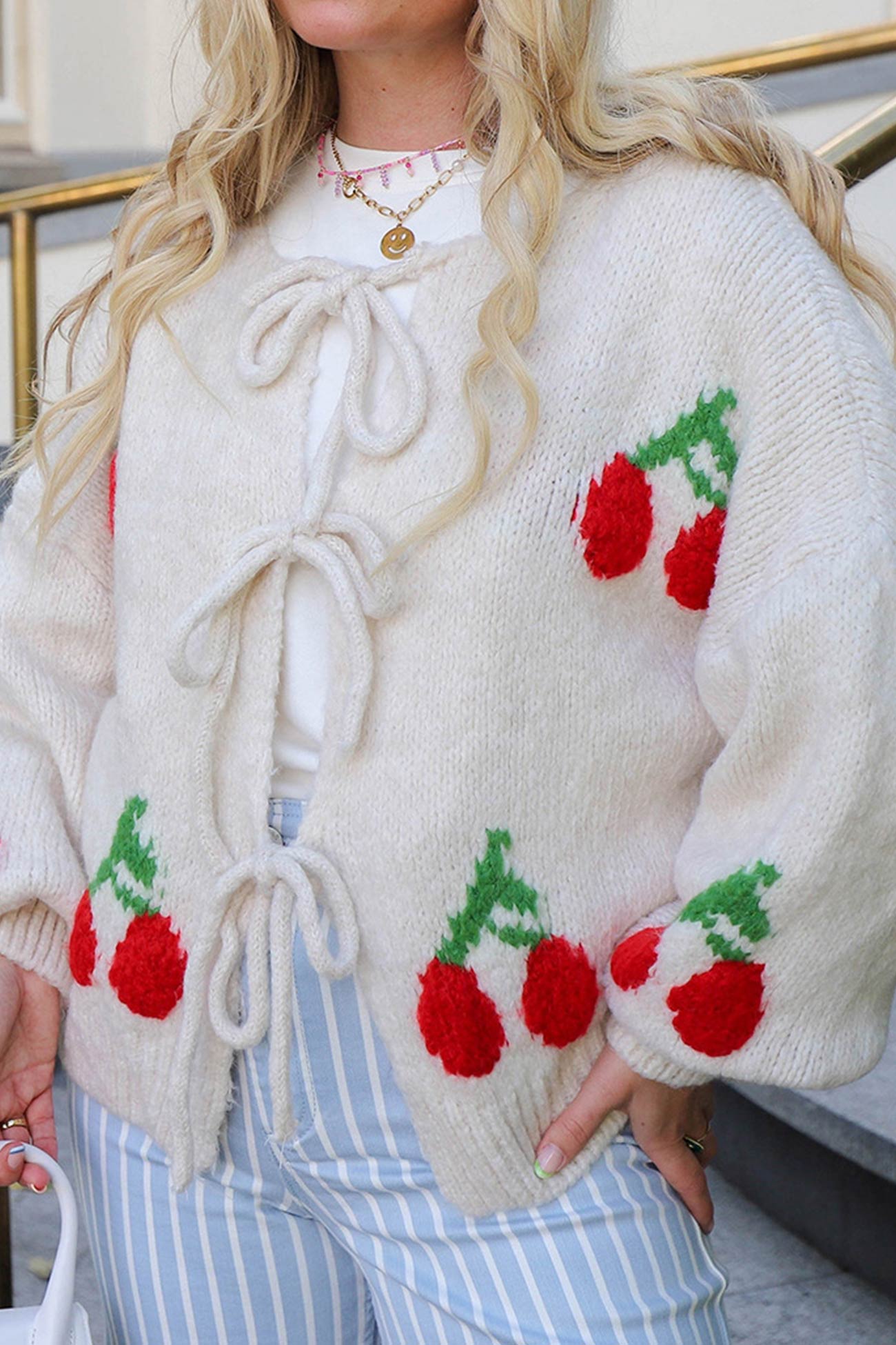 Cherry Jacquard Tie Up Cardigan