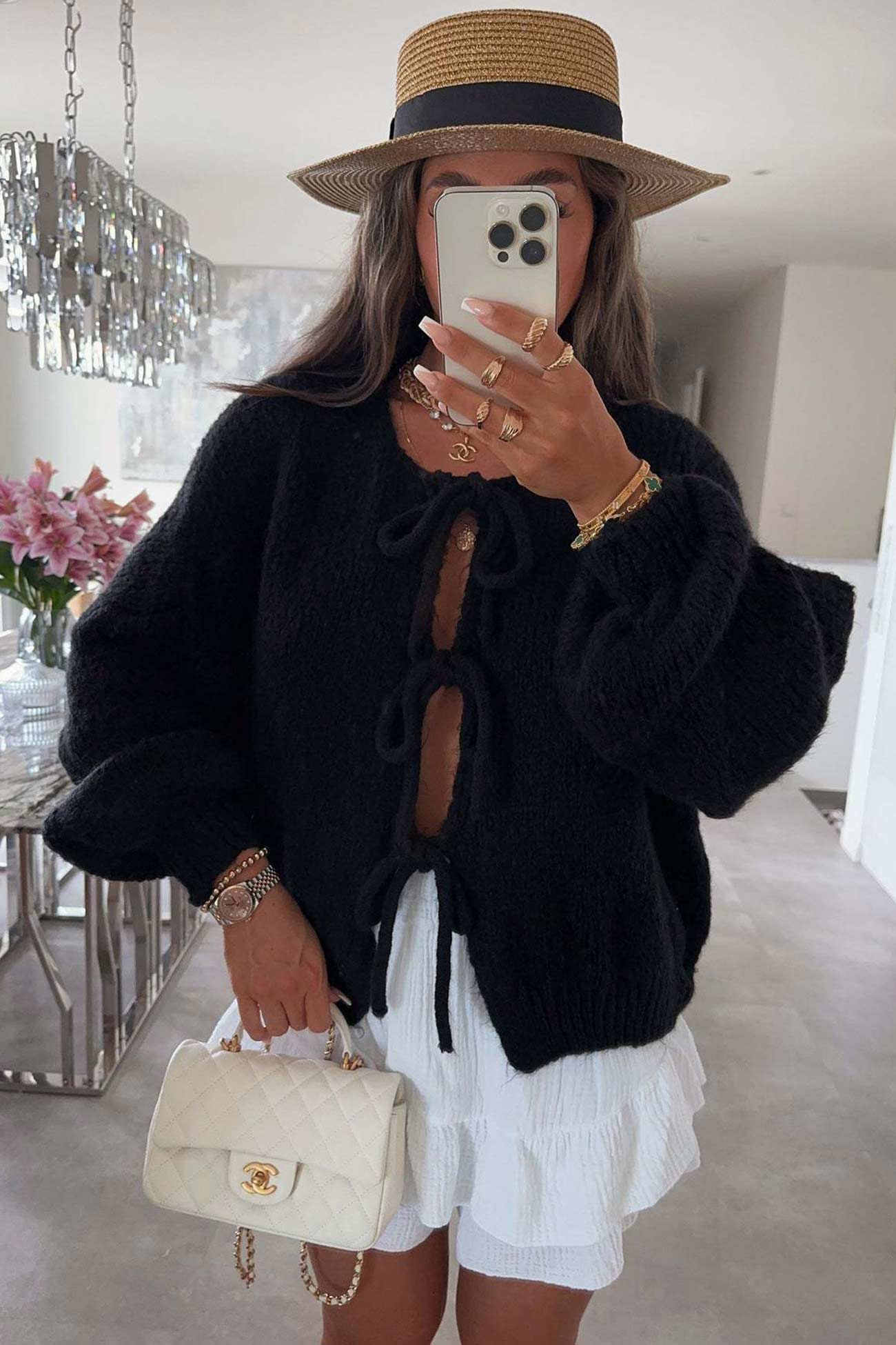 Tie Up Lantern Sleeve Cardigan