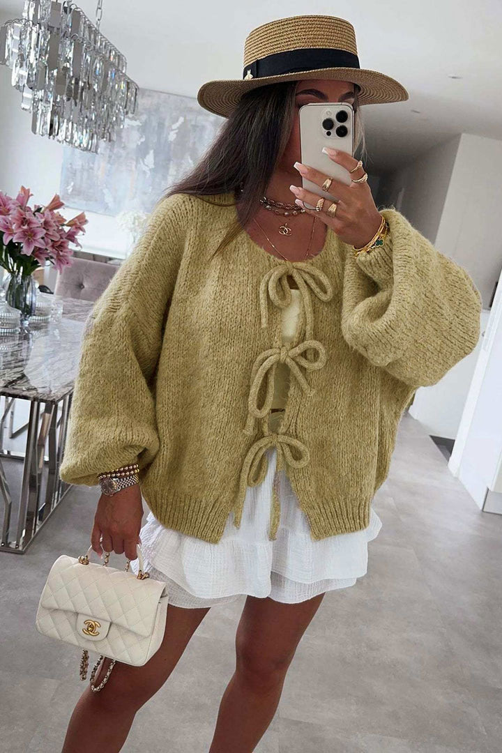 Tie Up Lantern Sleeve Cardigan