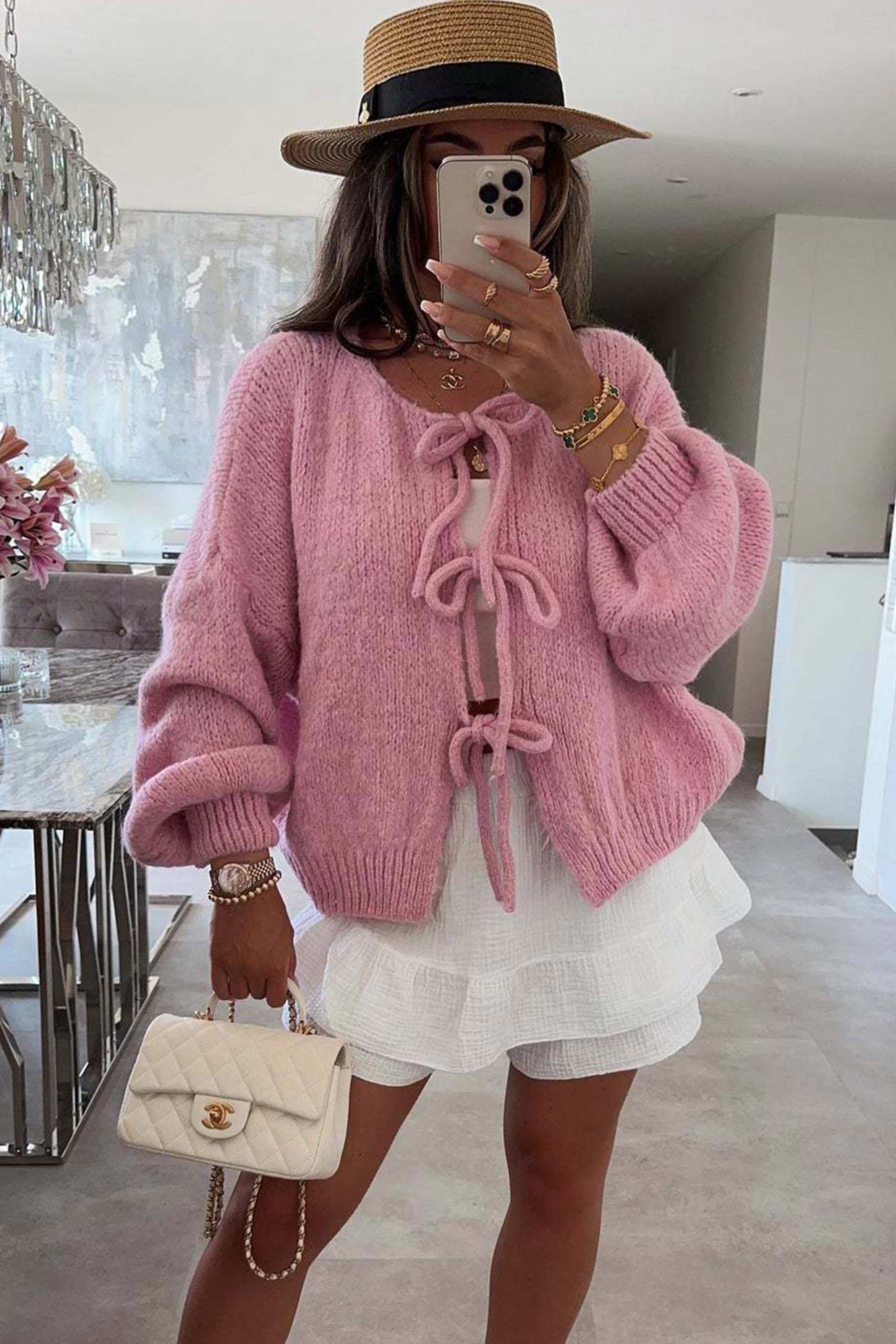 Tie Up Lantern Sleeve Cardigan