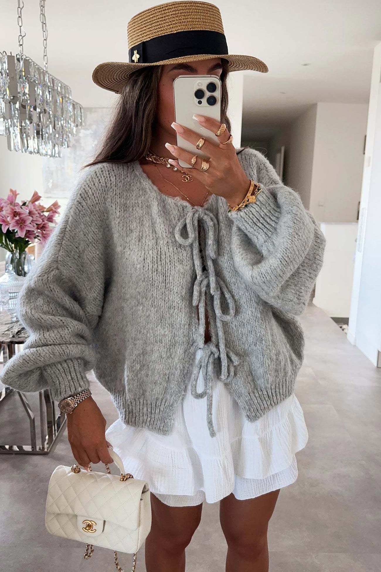 Tie Up Lantern Sleeve Cardigan