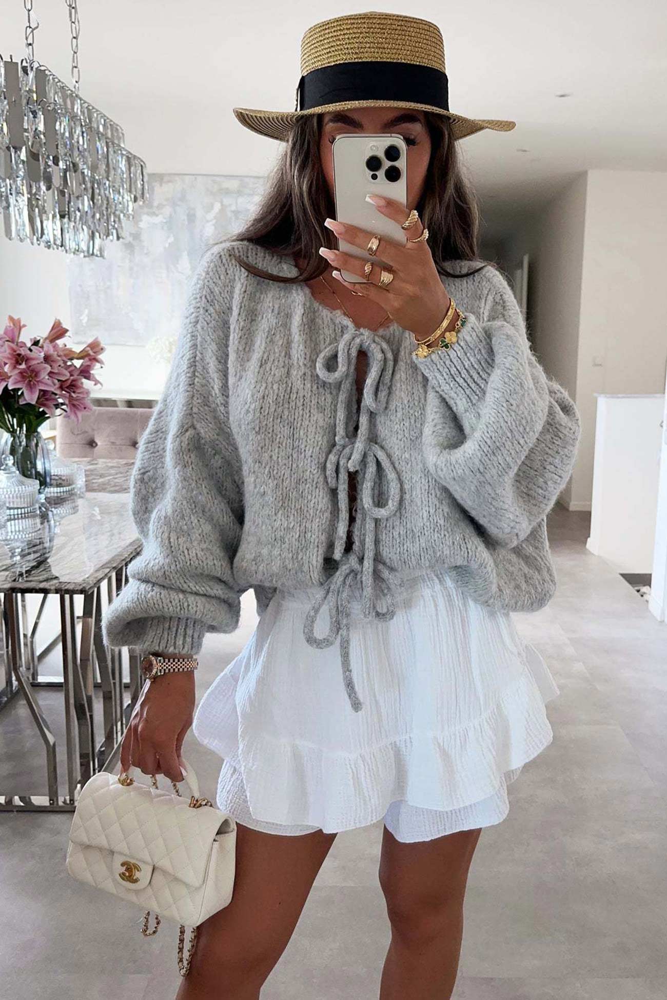 Tie Up Lantern Sleeve Cardigan