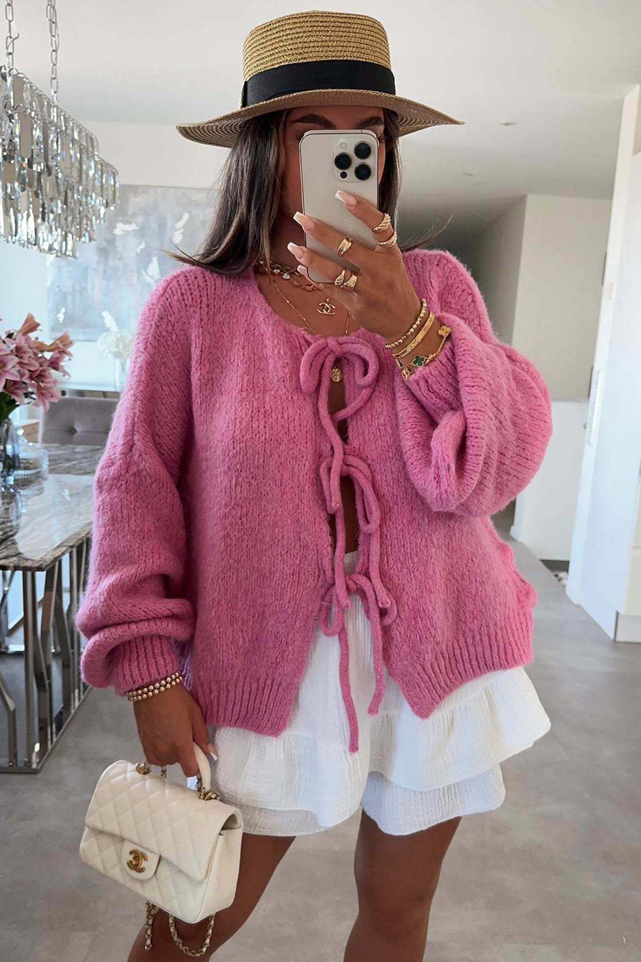 Tie Up Lantern Sleeve Cardigan