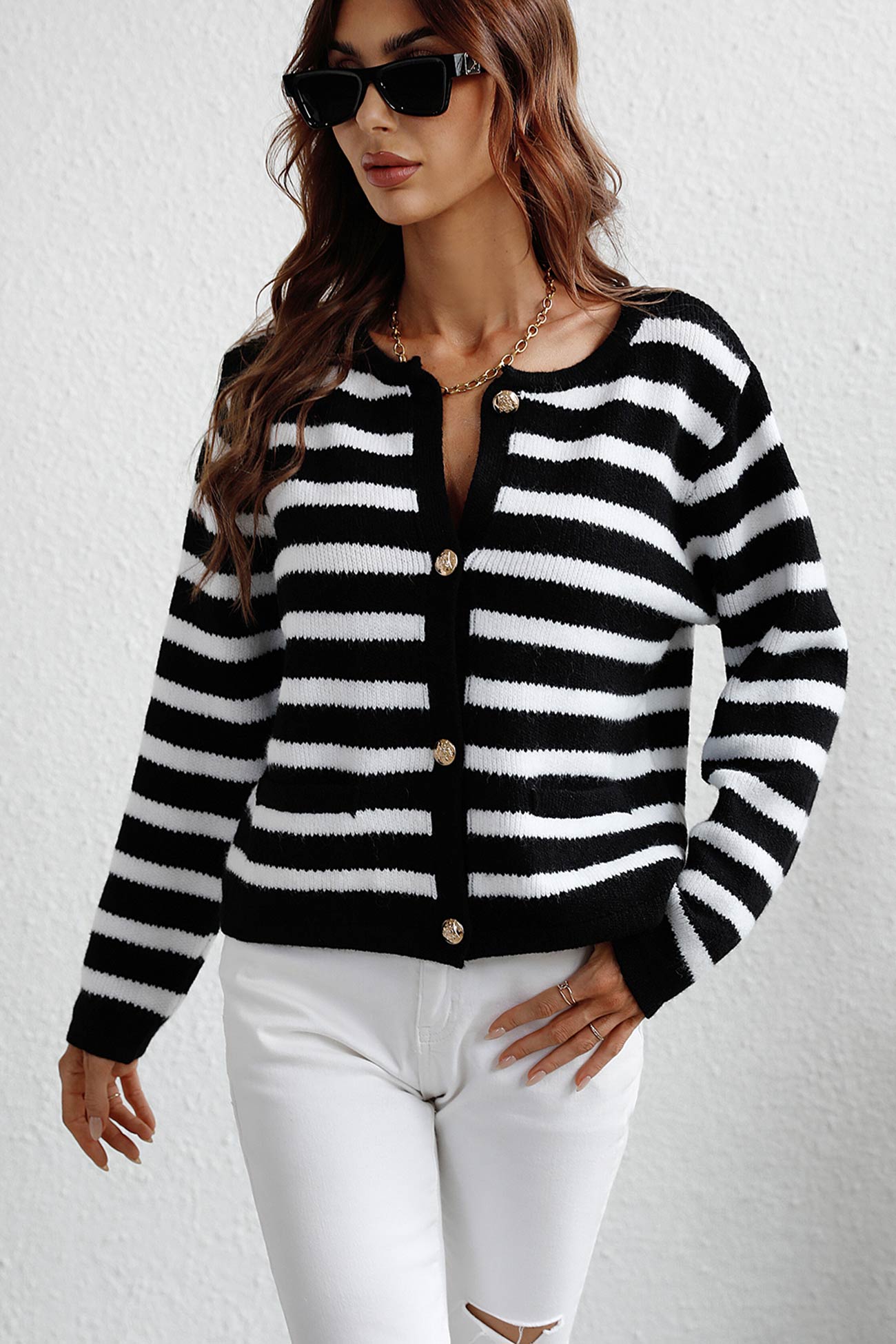 Striped Front With Pocket Cardigan