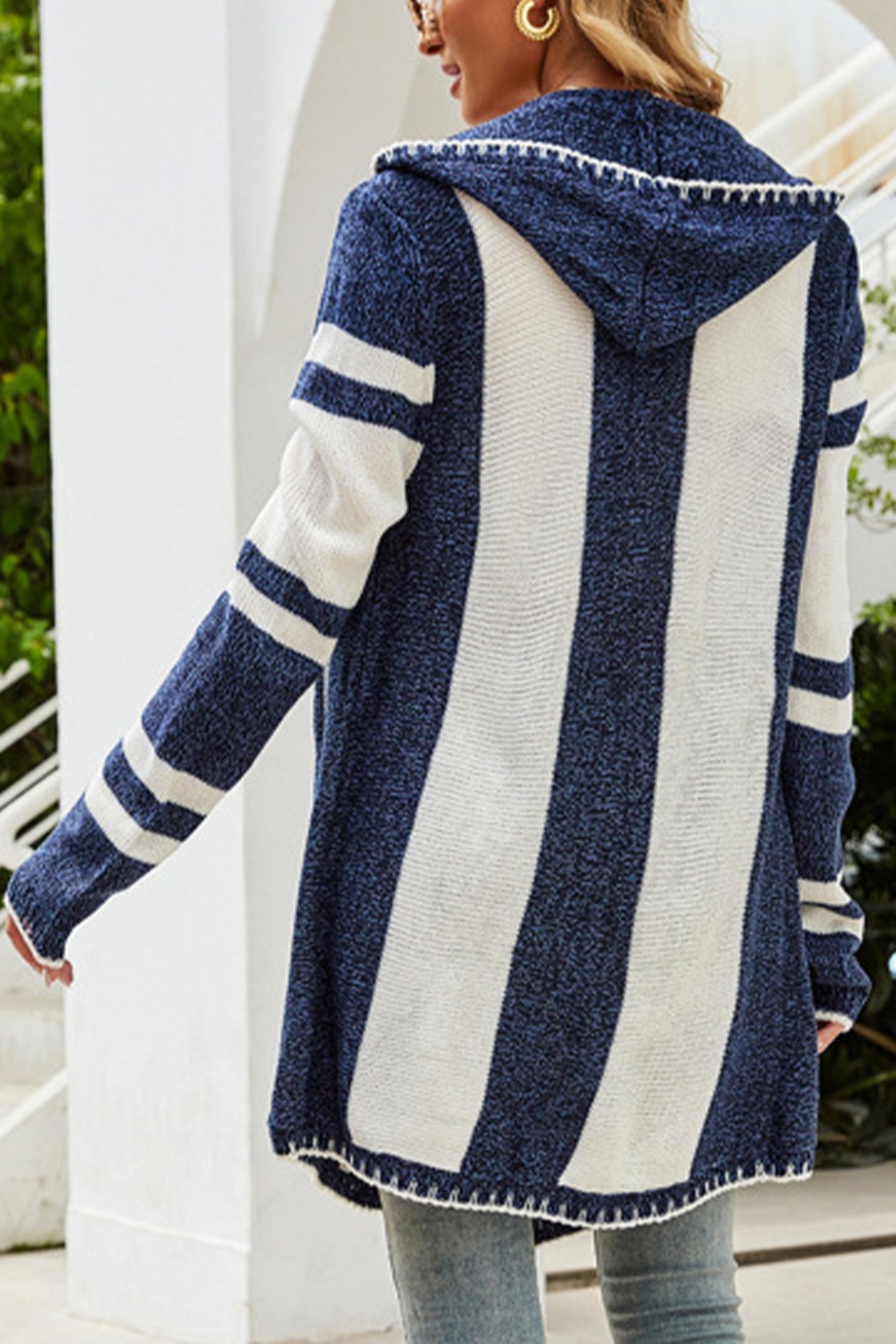 Striped Contrast Hooded Irregular Mid Length Cardigan