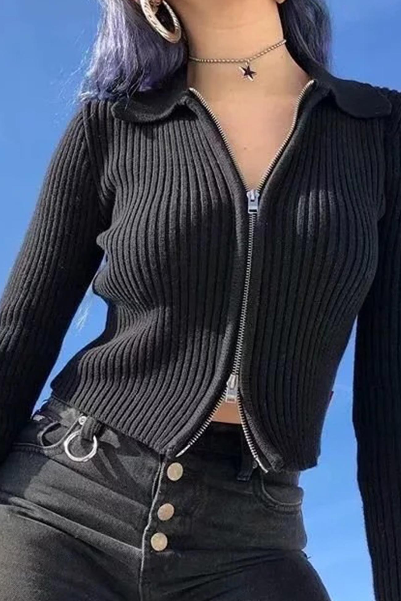 Solid Two Way Zipper Knit Cardigan
