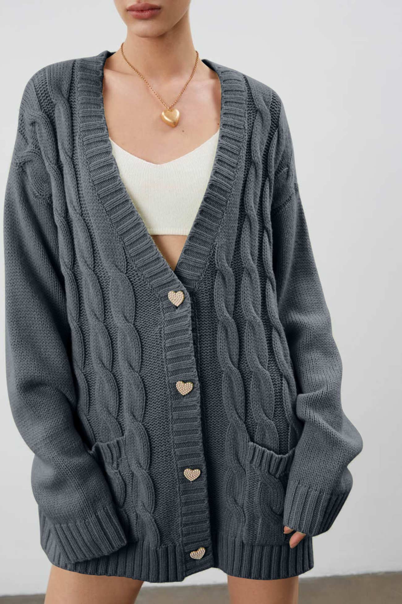 Solid Single Breasted Cable Knit Cardigan