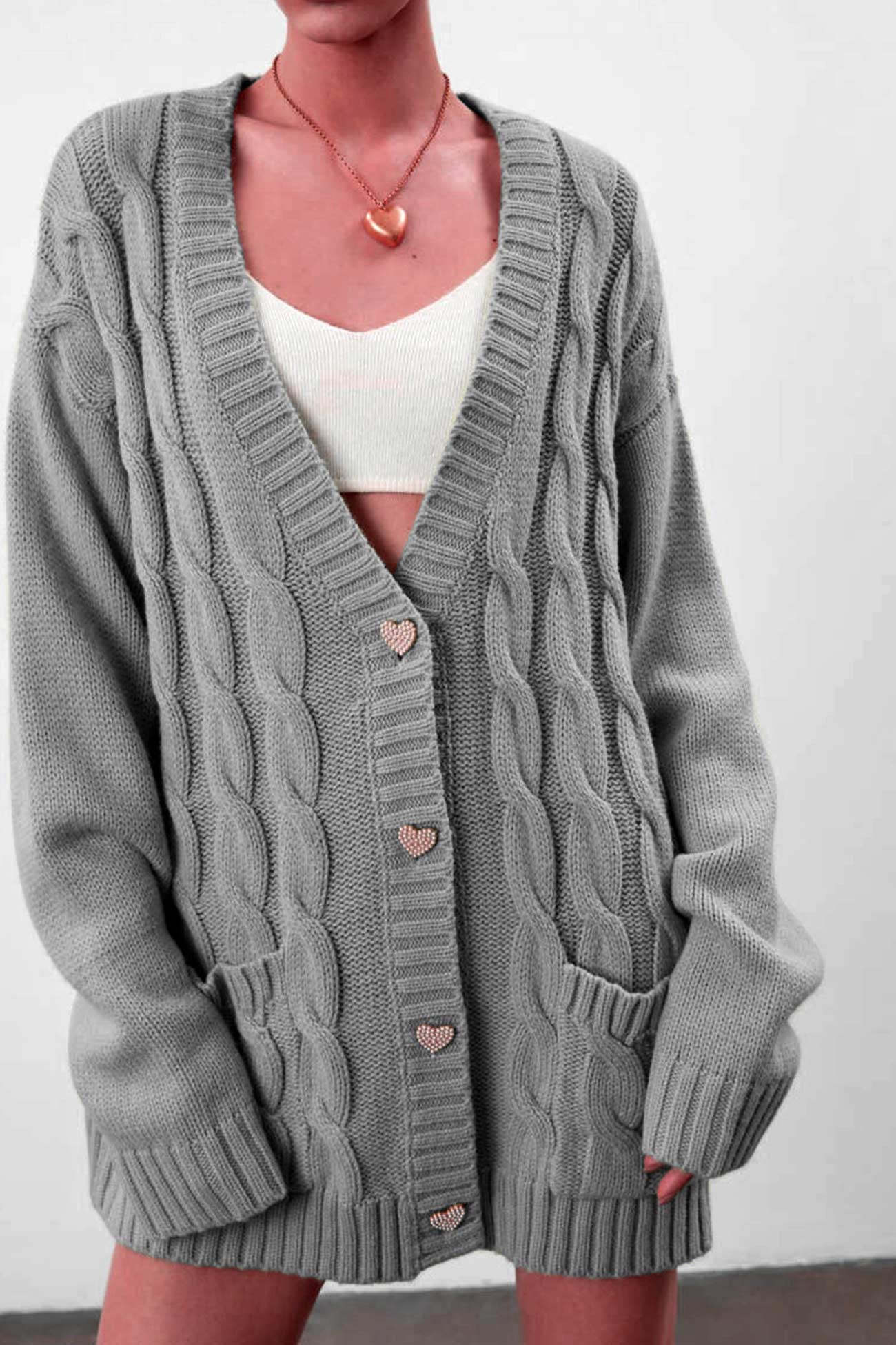 Solid Single Breasted Cable Knit Cardigan