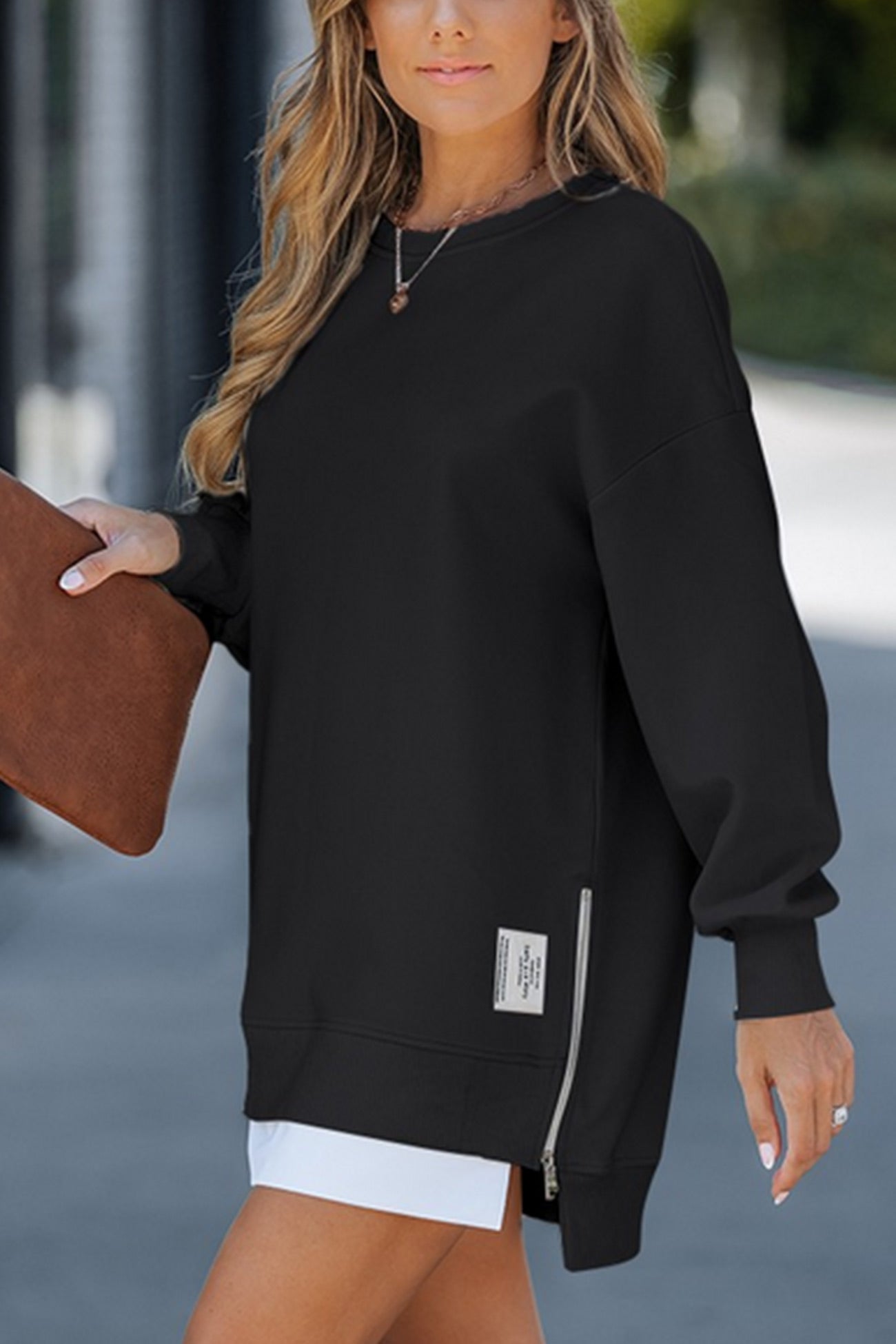 Zip up Slit Hem Fake Two piece Sweater