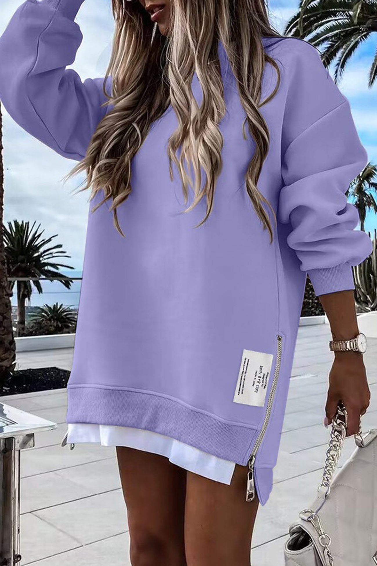 Zip up Slit Hem Fake Two piece Sweater