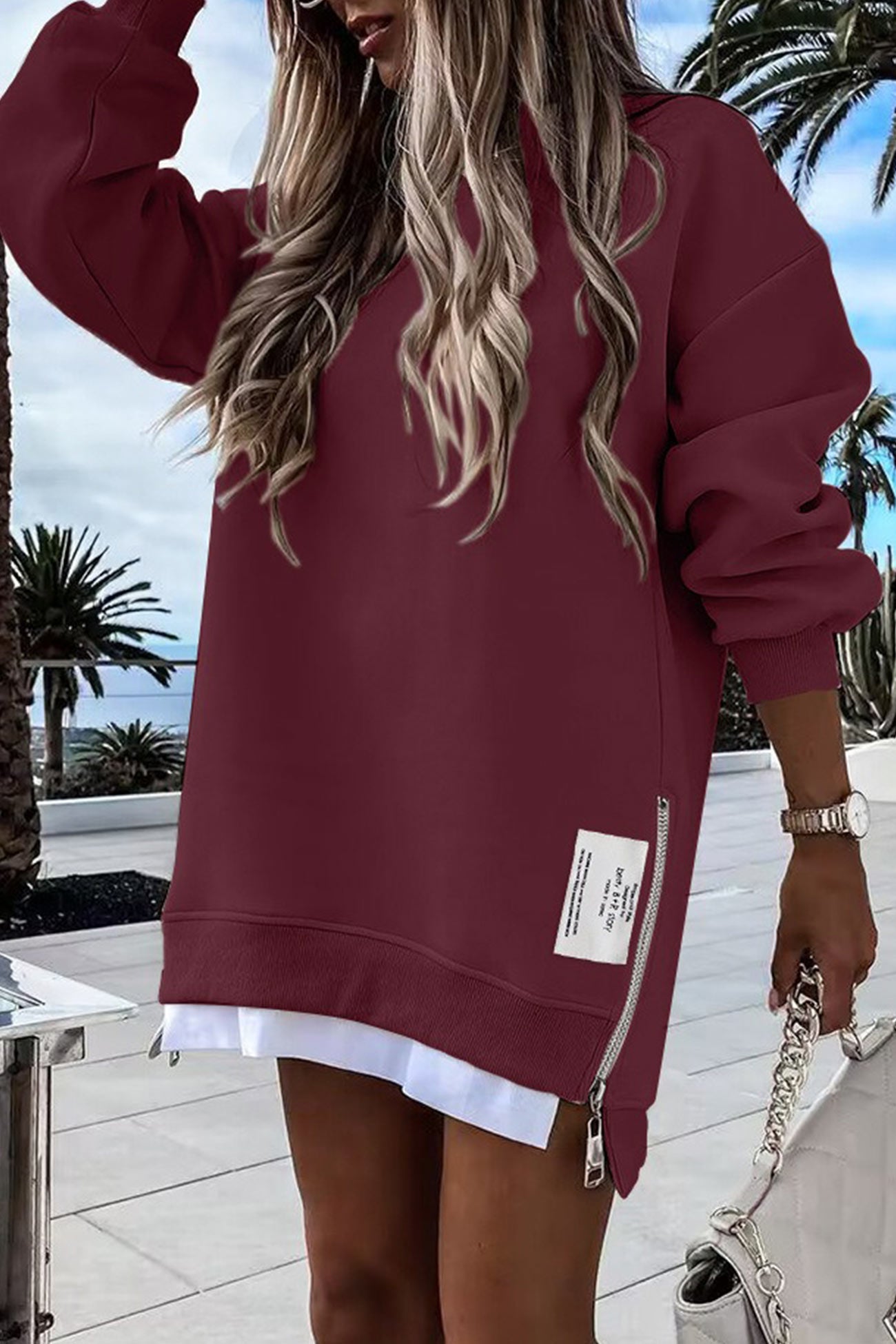 Zip up Slit Hem Fake Two piece Sweater