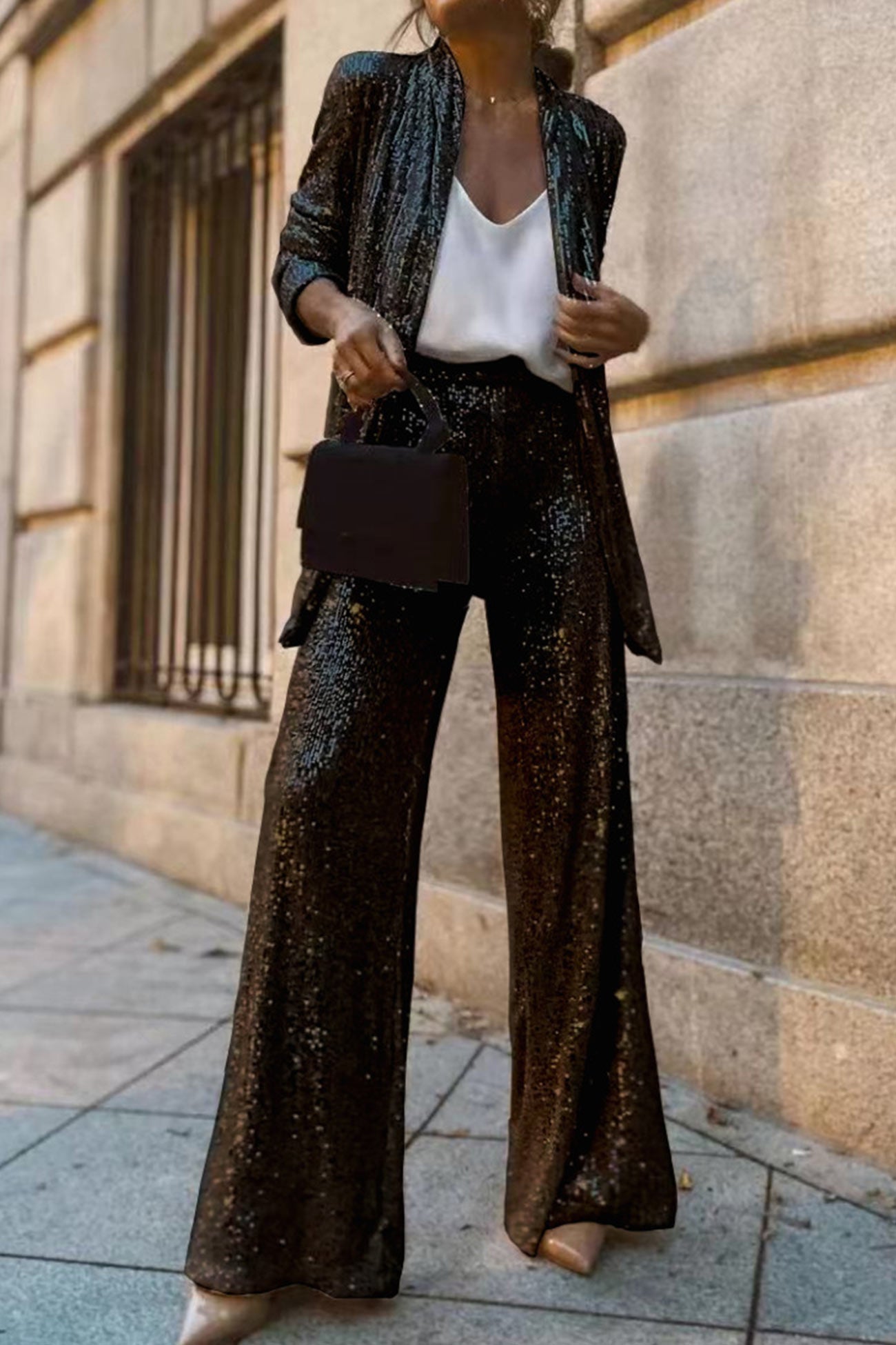 Sequin Long Sleeve Blazer Flare Long Pants Set