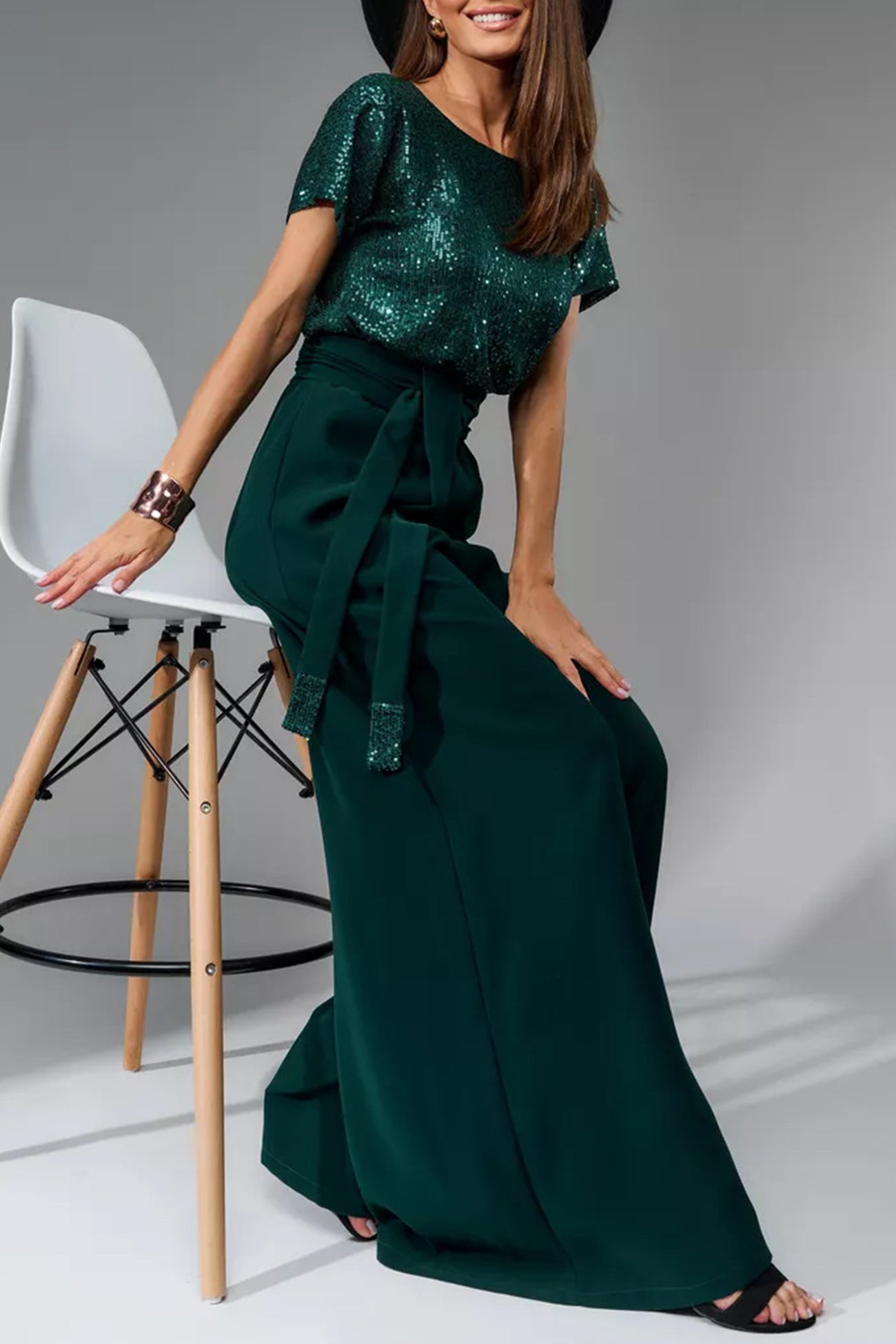 Sequin Patchwork Short Sleeve High Waist Jumpsuits Sets